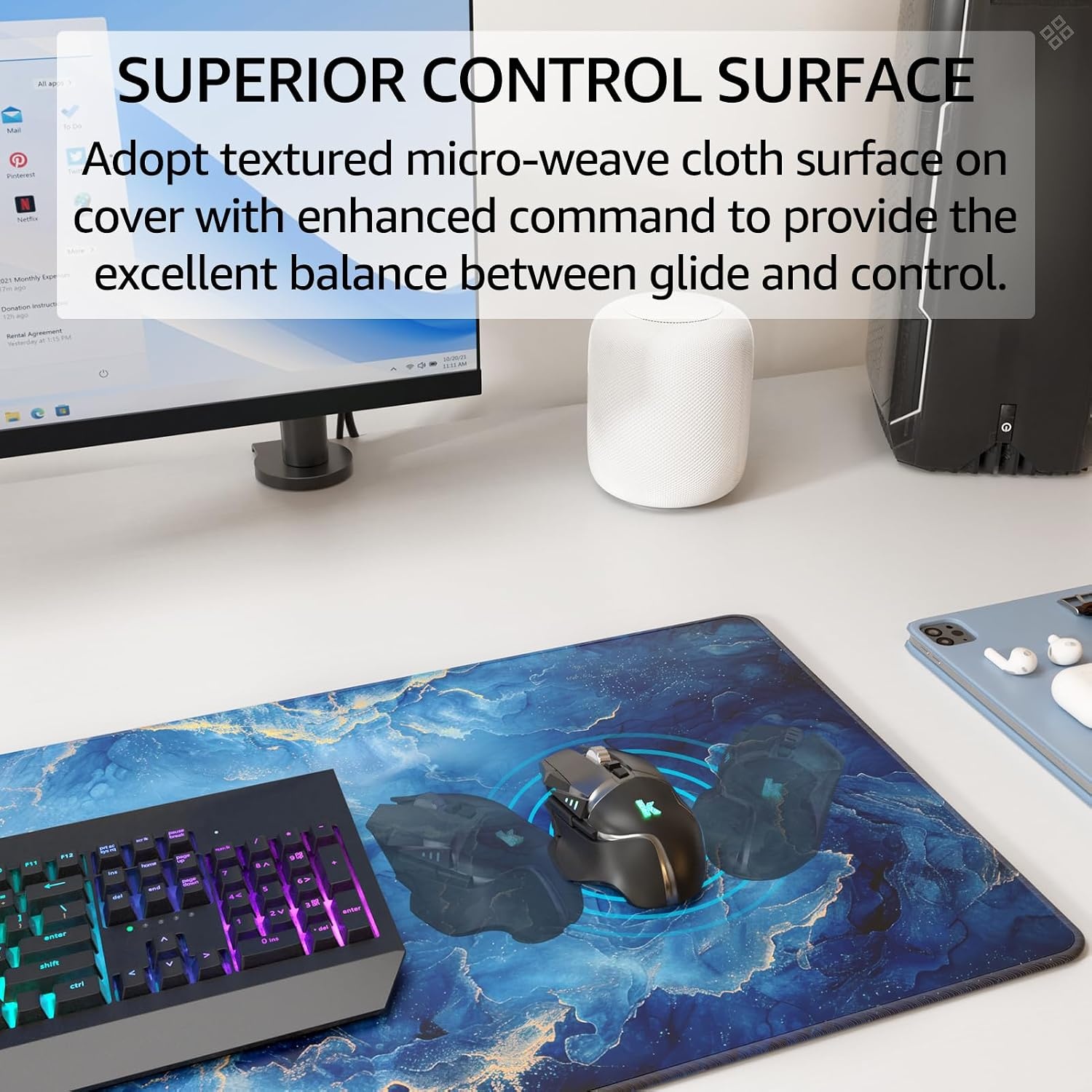 image:imageKTRIO Large Gaming Mouse Pad Desk Mat for Gamer 315 x 157 Black XXL Extended Size Design Superior MicroWeave Cloth NonSlip Rubber Base Durable Stitched Edges WaterResistant CoatingBlue Marble