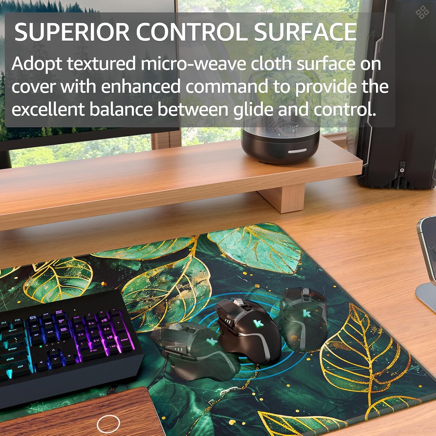 image:imageKTRIO Large Gaming Mouse Pad Desk Mat for Gamer 315 x 157 Black XXL Extended Size Design Superior MicroWeave Cloth NonSlip Rubber Base Durable Stitched Edges WaterResistant CoatingGreen Leaves
