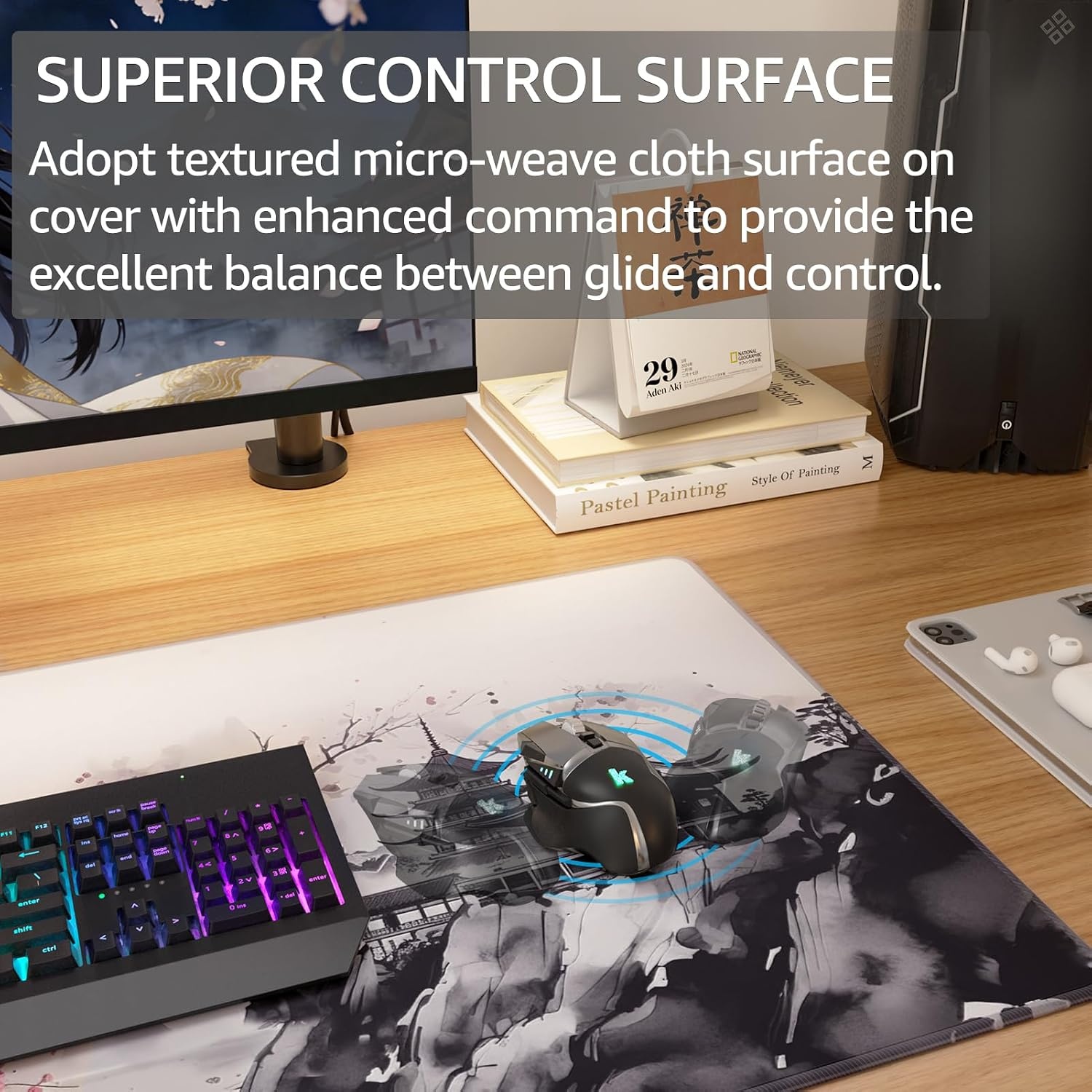 image:imageKTRIO Large Gaming Mouse Pad Desk Mat for Gamer 315 x 157 Black XXL Extended Size Design Superior MicroWeave Cloth NonSlip Rubber Base Durable Stitched Edges WaterResistant CoatingZen Sakura