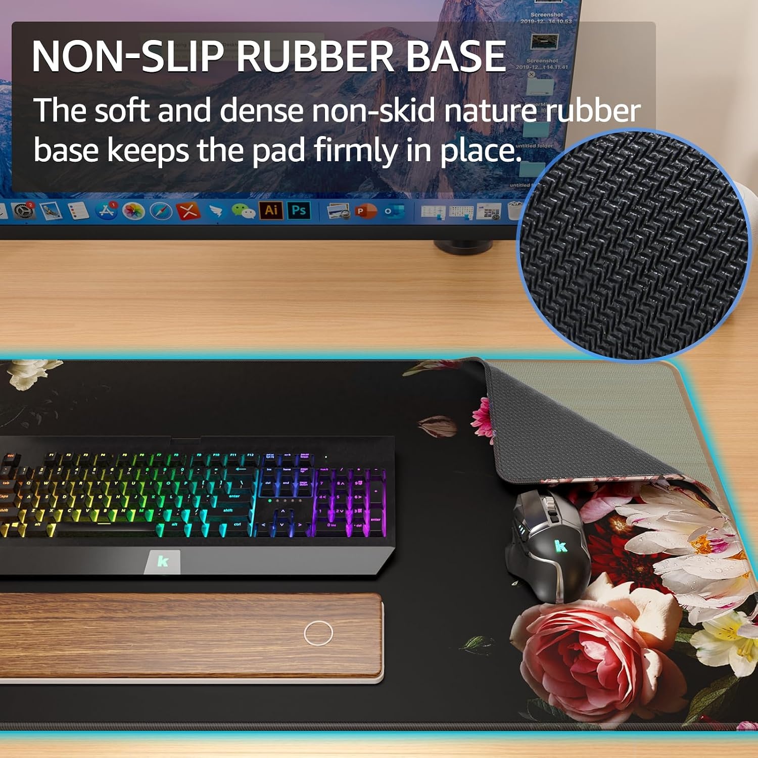 image:imageKTRIO Large Gaming Mouse Pad Desk Mat for Gamer 315 x 157 Black XXL Extended Size Design Superior MicroWeave Cloth NonSlip Rubber Base Durable Stitched Edges WaterResistant CoatingPeony Flower