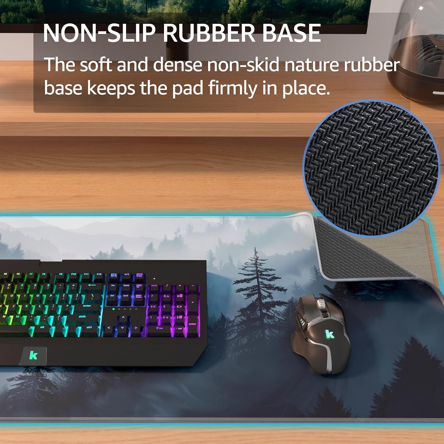 image:imageKTRIO Large Gaming Mouse Pad Desk Mat for Gamer 315 x 157 Black XXL Extended Size Design Superior MicroWeave Cloth NonSlip Rubber Base Durable Stitched Edges WaterResistant CoatingCloud Forest