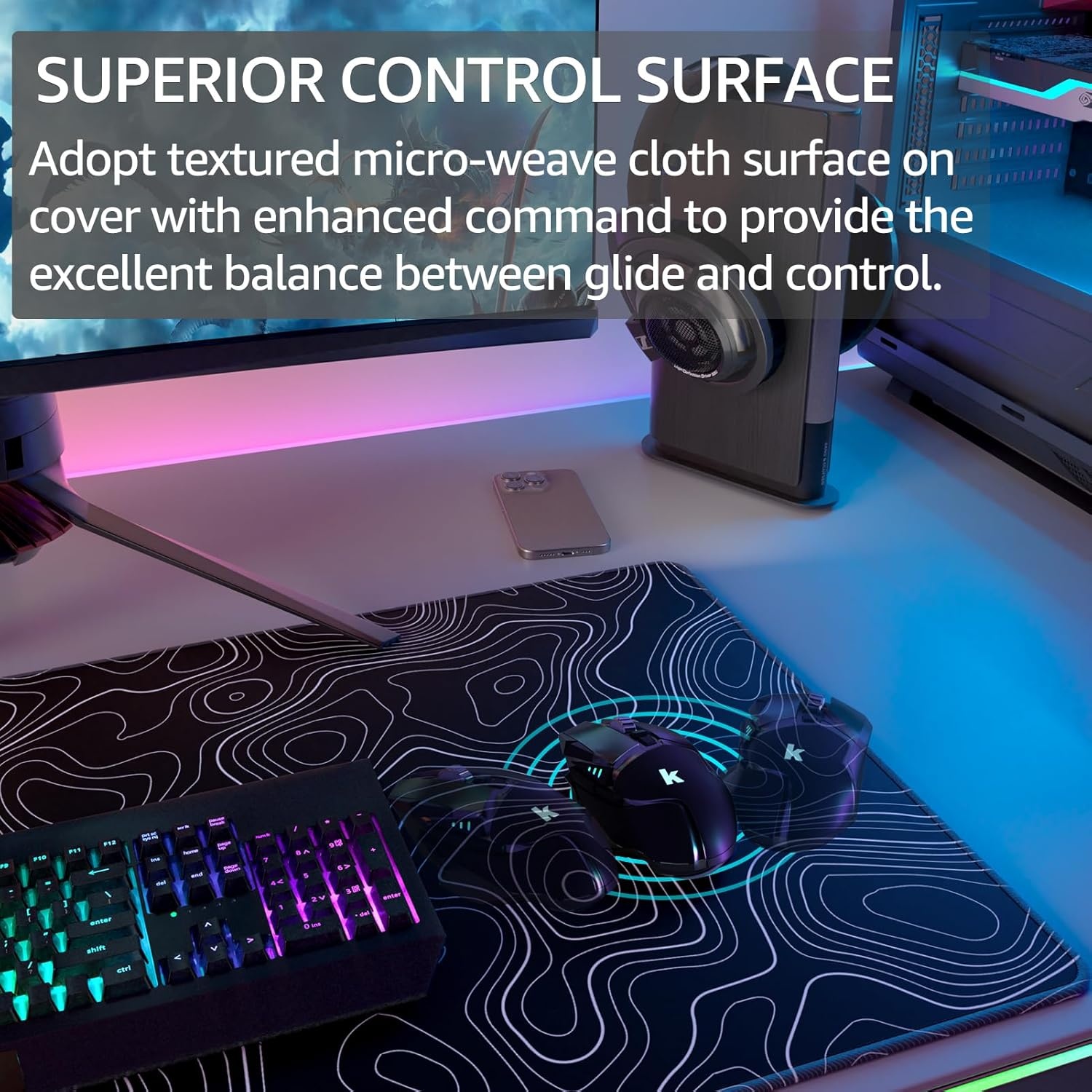image:imageKTRIO Large Gaming Mouse Pad Desk Mat for Gamer 315 x 157 Black XXL Extended Size Design Superior MicroWeave Cloth NonSlip Rubber Base Durable Stitched Edges WaterResistant CoatingBlack Topographic
