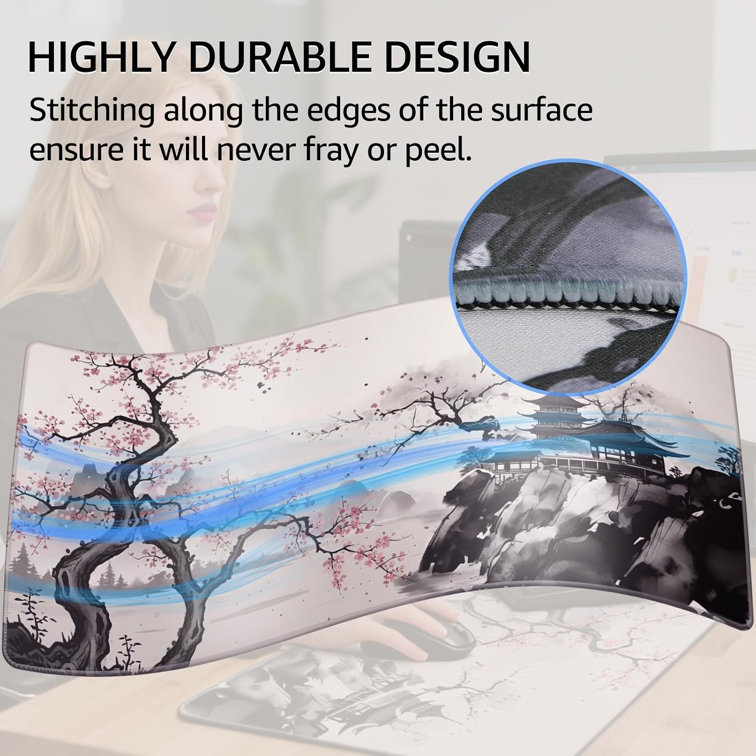 image:imageKTRIO Large Gaming Mouse Pad Desk Mat for Gamer 315 x 157 Black XXL Extended Size Design Superior MicroWeave Cloth NonSlip Rubber Base Durable Stitched Edges WaterResistant CoatingZen Sakura