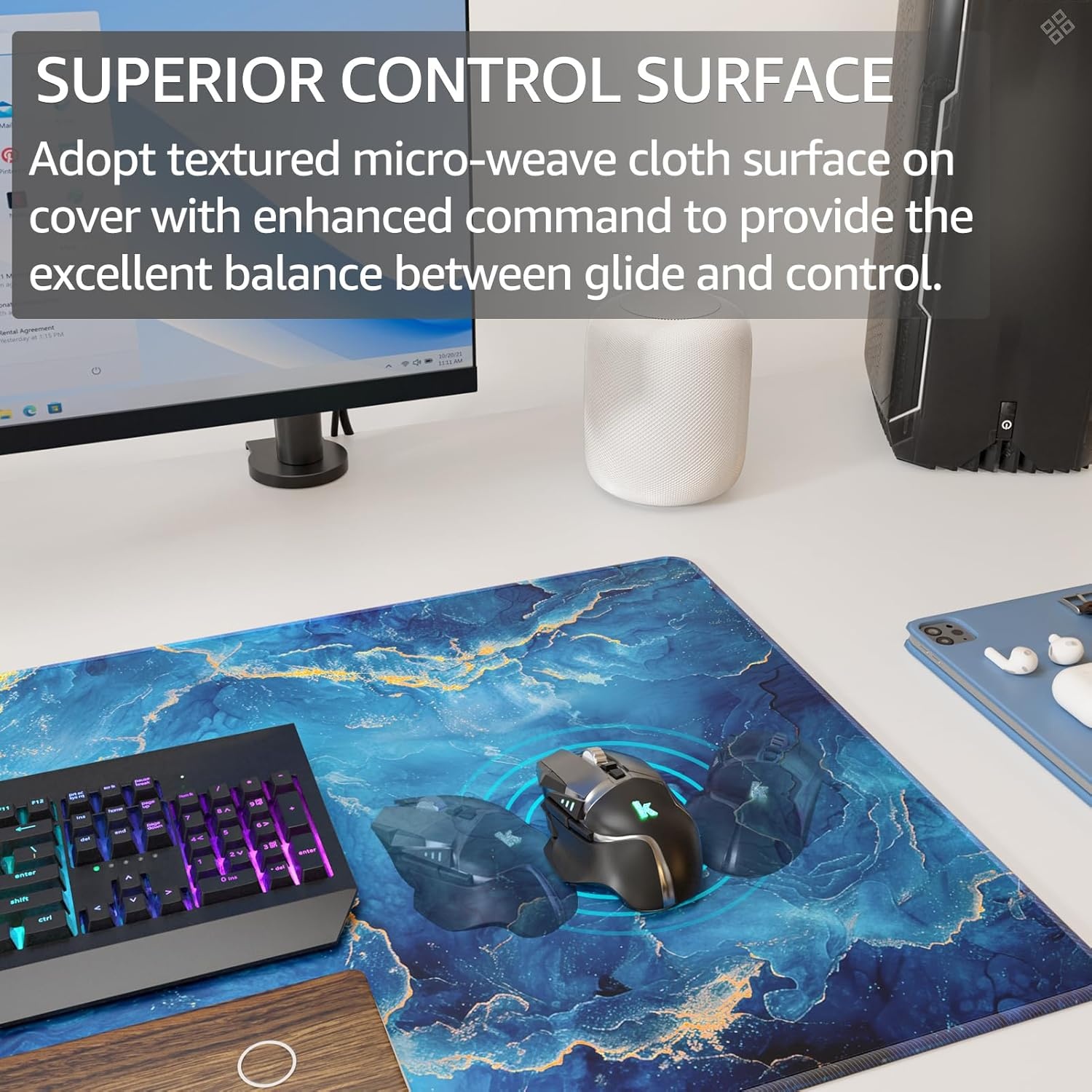 image:imageKTRIO Large Gaming Mouse Pad Desk Mat for Gamer 315 x 157 Black XXL Extended Size Design Superior MicroWeave Cloth NonSlip Rubber Base Durable Stitched Edges WaterResistant CoatingBlue Marble