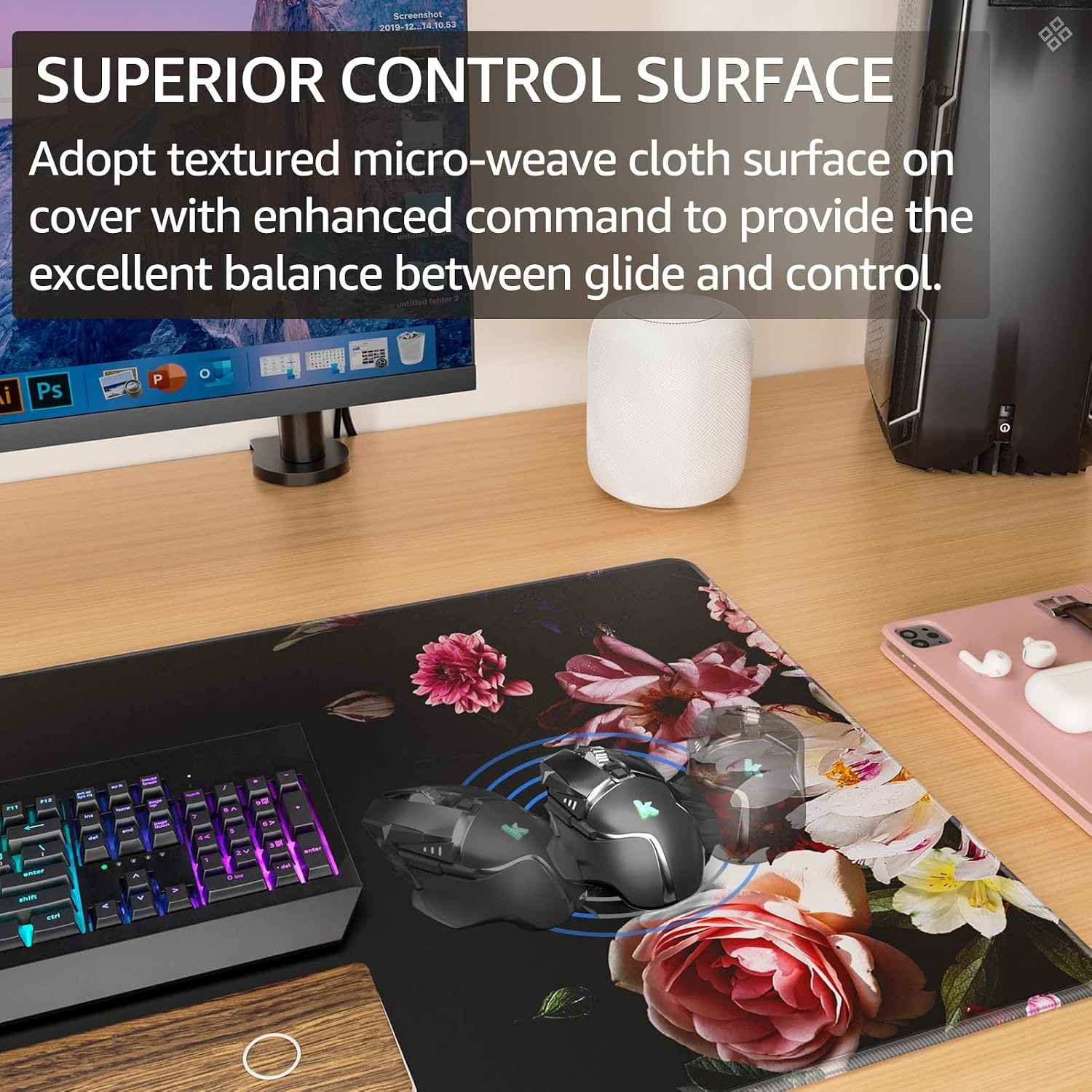 image:imageKTRIO Large Gaming Mouse Pad Desk Mat for Gamer 315 x 157 Black XXL Extended Size Design Superior MicroWeave Cloth NonSlip Rubber Base Durable Stitched Edges WaterResistant CoatingPeony Flower