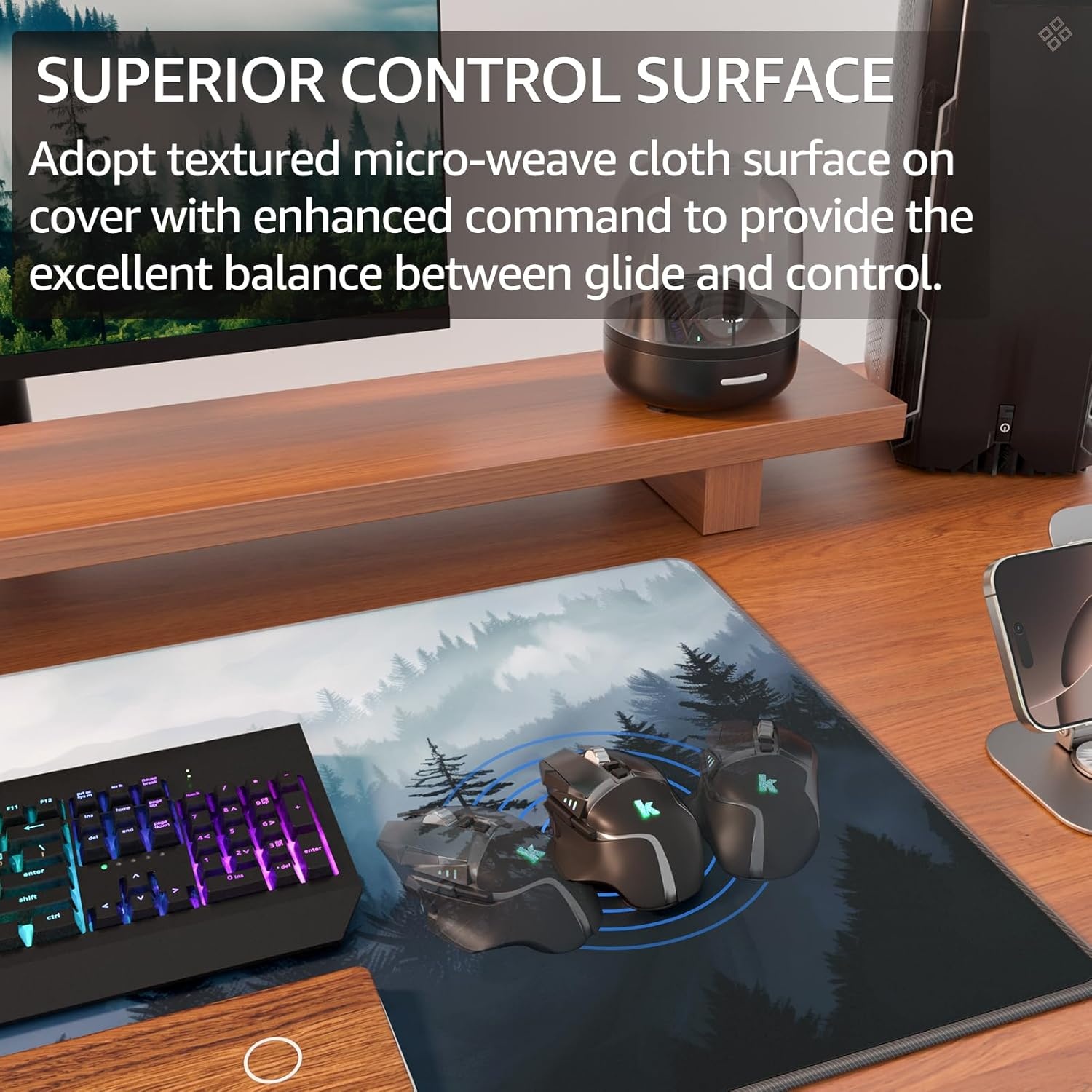 image:imageKTRIO Large Gaming Mouse Pad Desk Mat for Gamer 315 x 157 Black XXL Extended Size Design Superior MicroWeave Cloth NonSlip Rubber Base Durable Stitched Edges WaterResistant CoatingCloud Forest