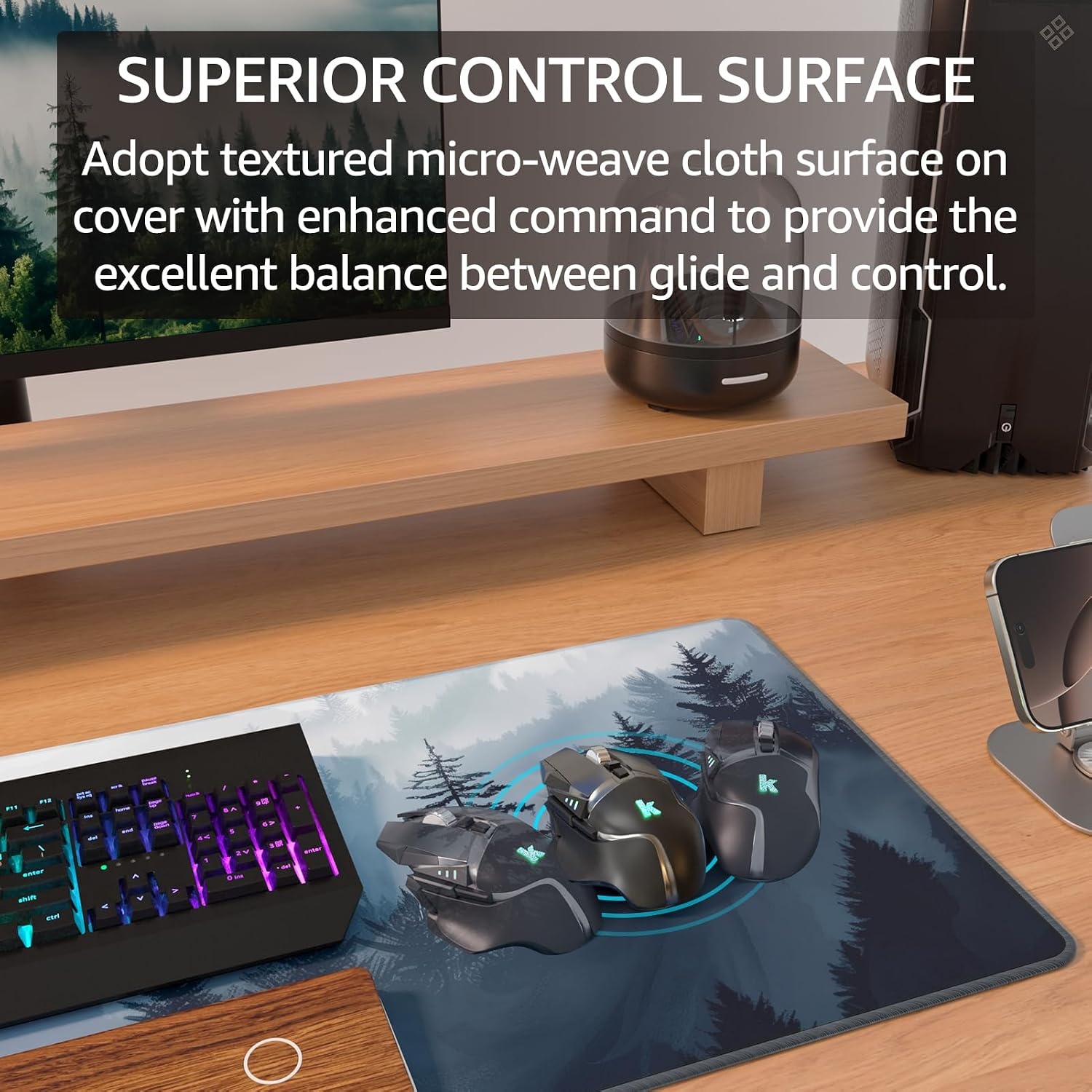 image:imageKTRIO Large Gaming Mouse Pad Desk Mat for Gamer 315 x 157 Black XXL Extended Size Design Superior MicroWeave Cloth NonSlip Rubber Base Durable Stitched Edges WaterResistant CoatingCloud Forest
