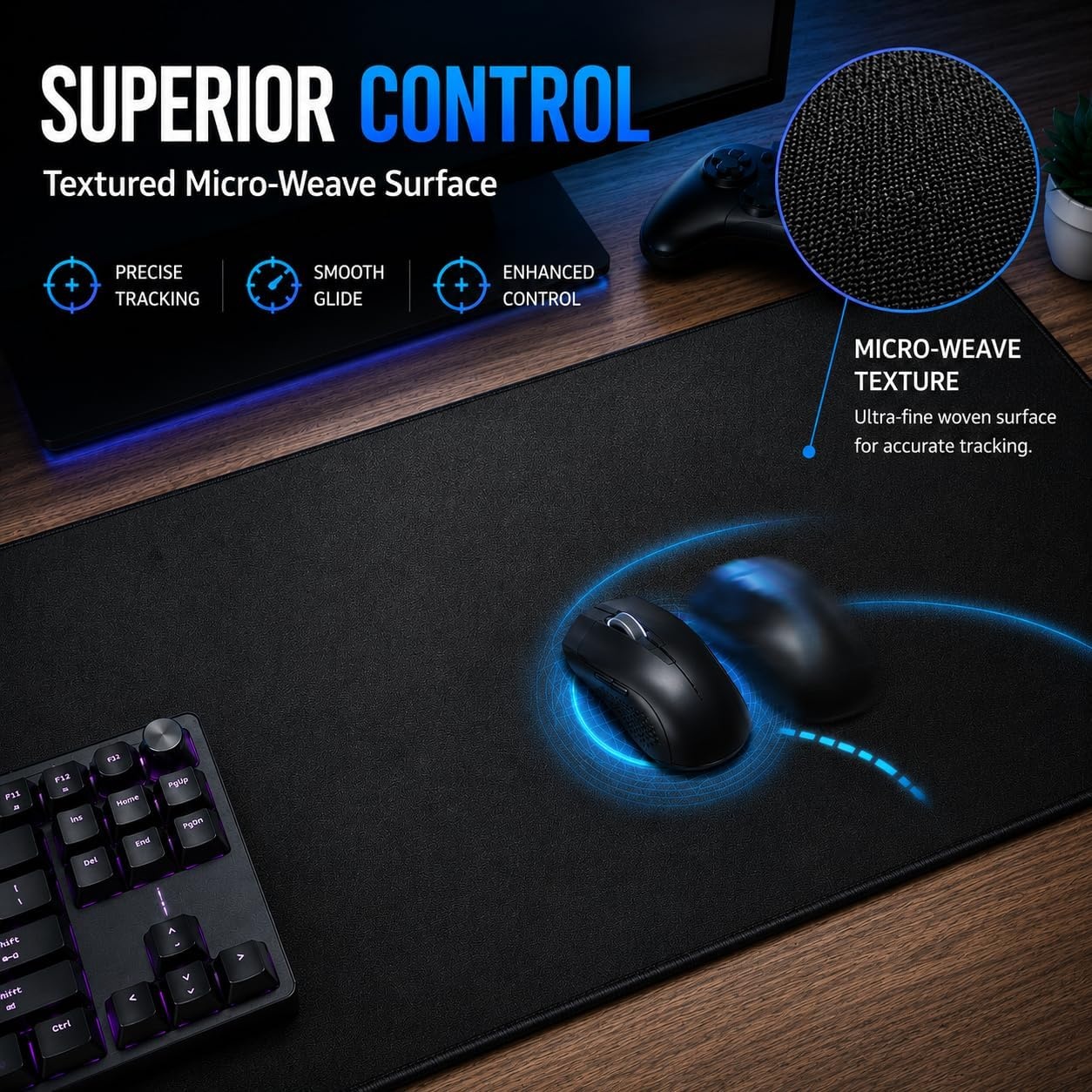 image:imageKTRIO Large Gaming Mouse Pad Desk Mat for Gamer 315 x 157 Black XXL Extended Size Design Superior MicroWeave Cloth NonSlip Rubber Base Durable Stitched Edges WaterResistant CoatingBlack Stealth