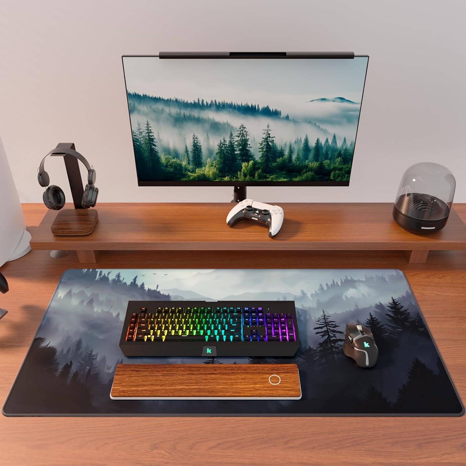 image:imageKTRIO Large Gaming Mouse Pad Desk Mat for Gamer 315 x 157 Black XXL Extended Size Design Superior MicroWeave Cloth NonSlip Rubber Base Durable Stitched Edges WaterResistant CoatingCloud Forest