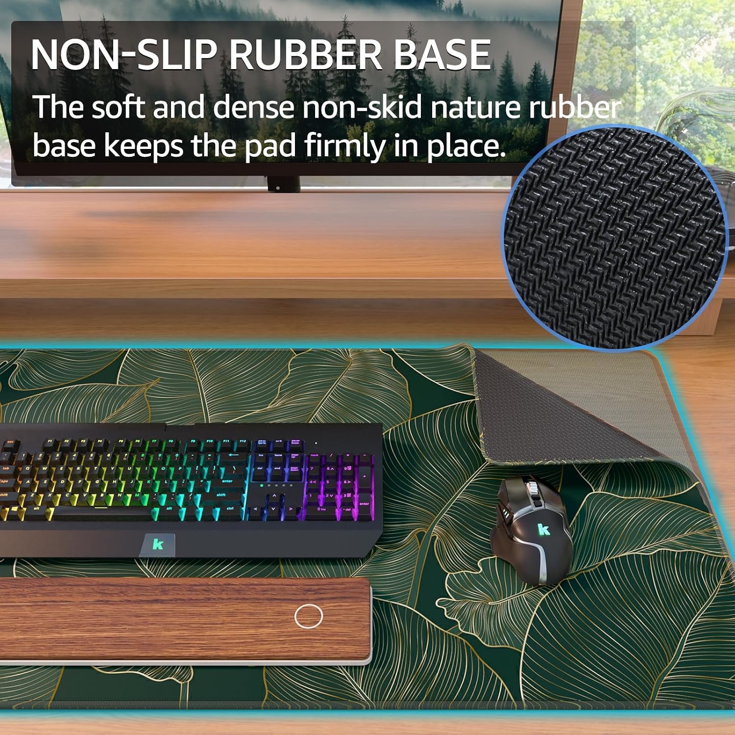 image:imageKTRIO Large Gaming Mouse Pad Desk Mat for Gamer 315 x 157 Black XXL Extended Size Design Superior MicroWeave Cloth NonSlip Rubber Base Durable Stitched Edges WaterResistant CoatingGolden Leaves