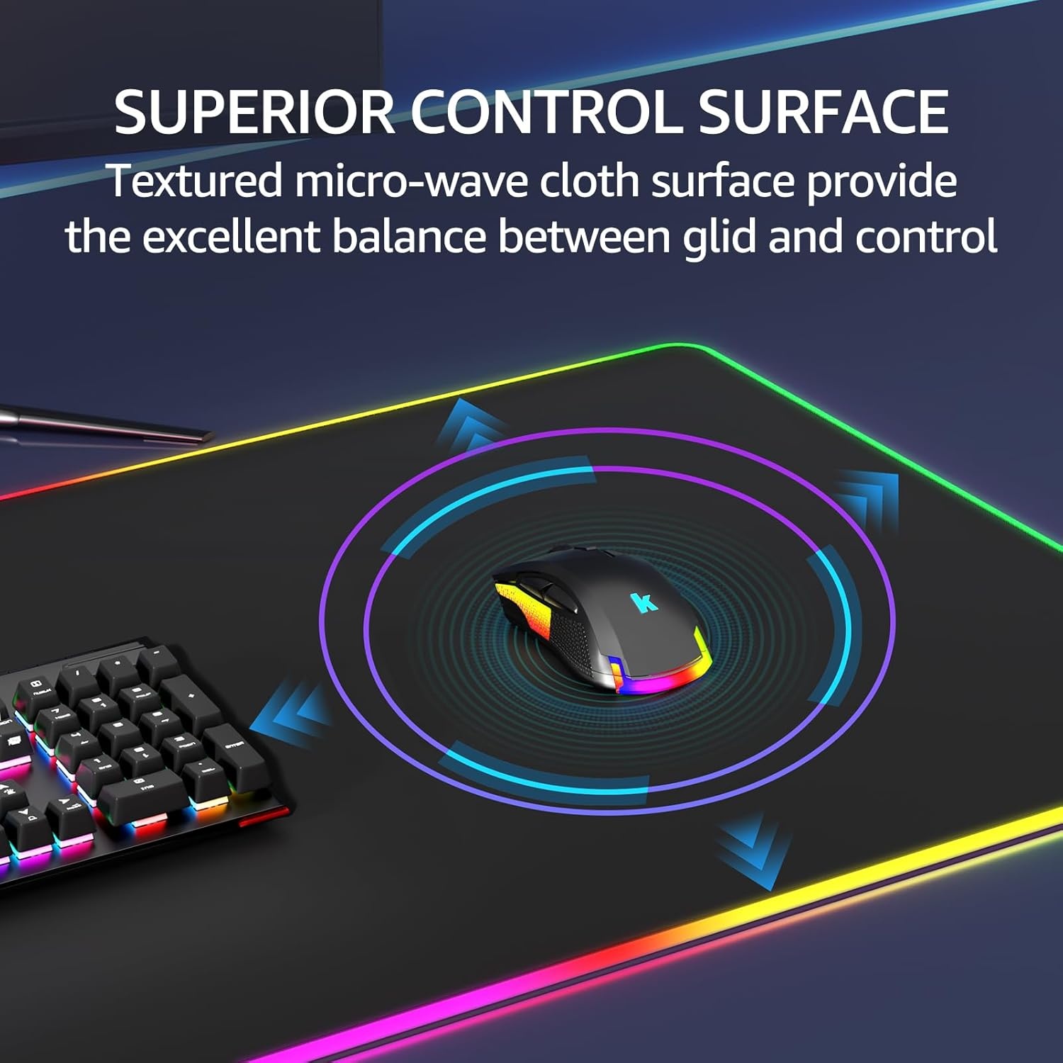 image:imageKTRIO Large Gaming Mouse Pad Desk Mat for Gamer 315 x 157 Black XXL Extended Size Design Superior MicroWeave Cloth NonSlip Rubber Base Durable Stitched Edges WaterResistant CoatingRGB Black