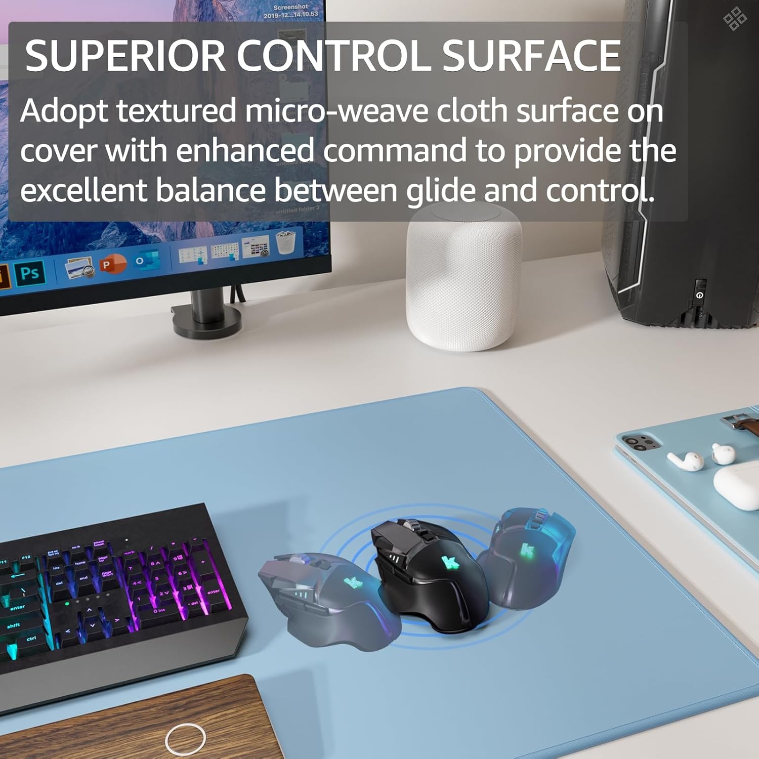 image:imageKTRIO Large Gaming Mouse Pad Desk Mat for Gamer 315 x 157 Black XXL Extended Size Design Superior MicroWeave Cloth NonSlip Rubber Base Durable Stitched Edges WaterResistant CoatingIce Blue