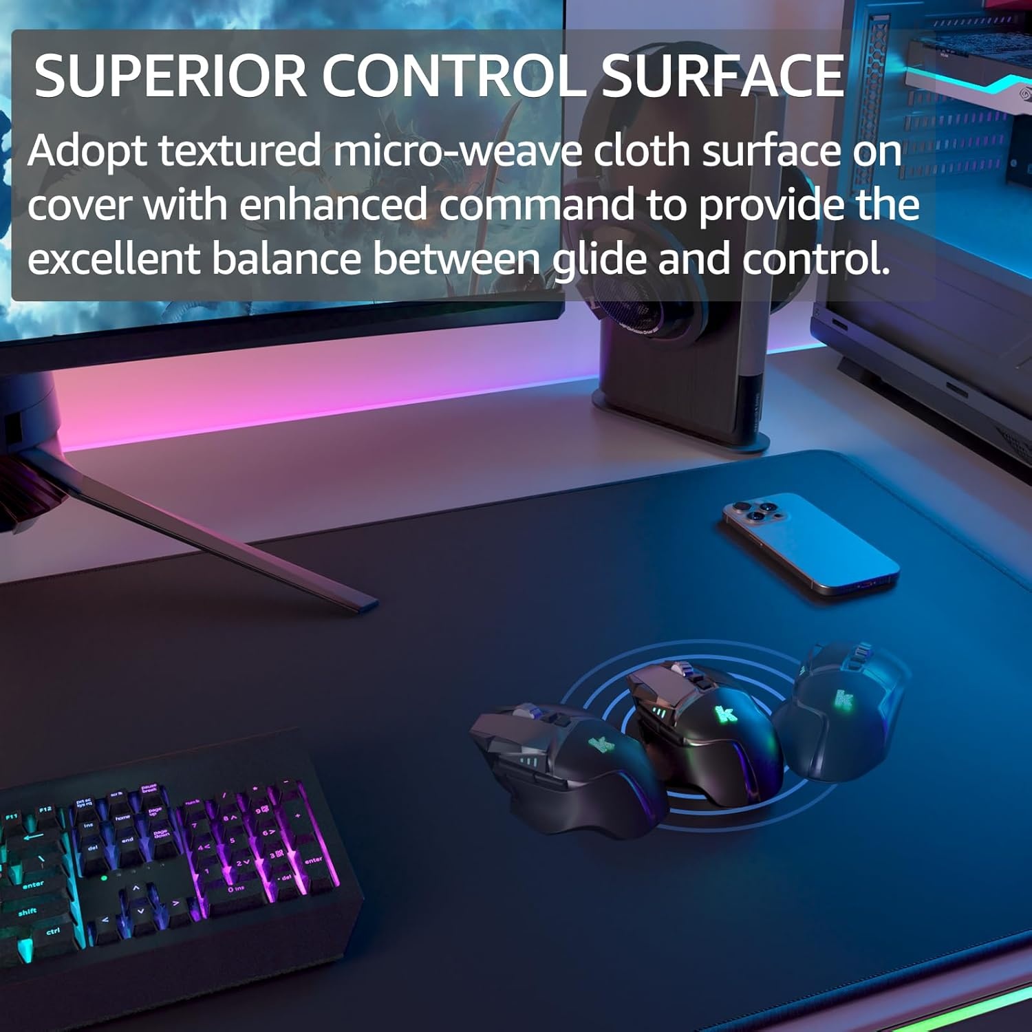 image:imageKTRIO Large Gaming Mouse Pad Desk Mat for Gamer 315 x 157 Black XXL Extended Size Design Superior MicroWeave Cloth NonSlip Rubber Base Durable Stitched Edges WaterResistant CoatingBlack Stealth