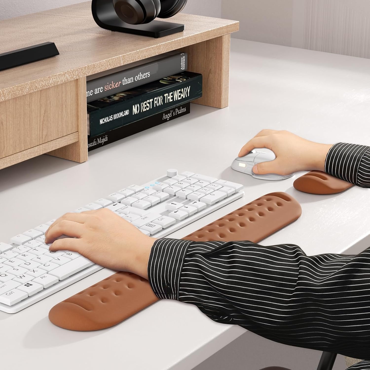 image:imageKTRIO Memory Foam Keyboard Wrist Rest Set Ergonomic Keyboard Mouse Wrist Support for Typing Pain Relief Stain Resistant 2 Pcs Pad Brown