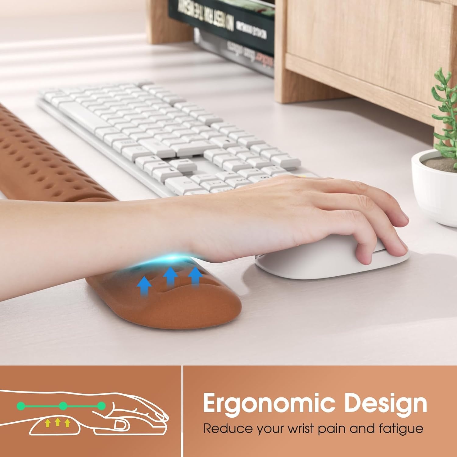 image:imageKTRIO Memory Foam Keyboard Wrist Rest Set Ergonomic Keyboard Mouse Wrist Support for Typing Pain Relief Stain Resistant 2 Pcs Pad Brown
