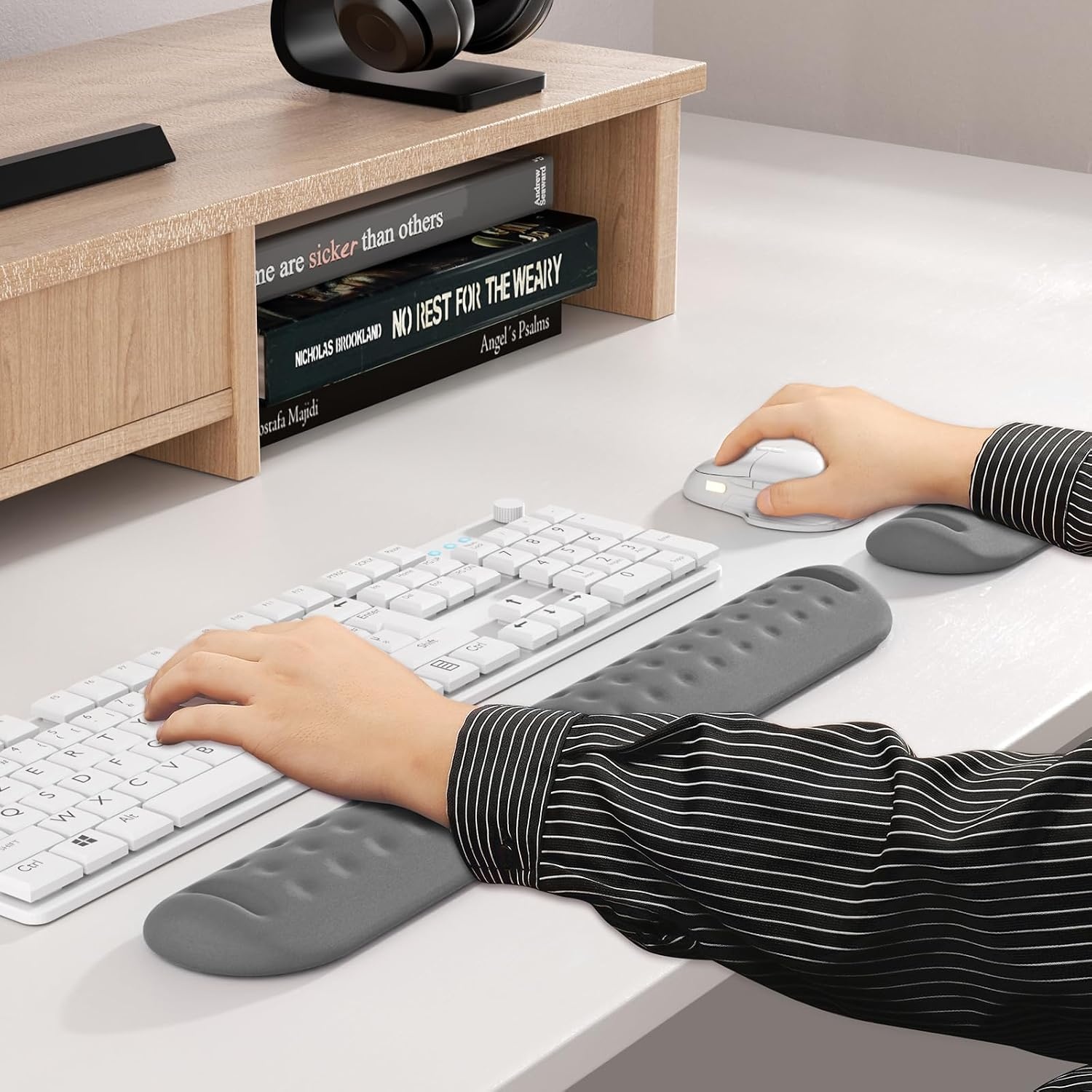 image:imageKTRIO Memory Foam Keyboard Wrist Rest Set Ergonomic Keyboard Mouse Wrist Support for Typing Pain Relief Stain Resistant 2 Pcs Pad Dark Gray