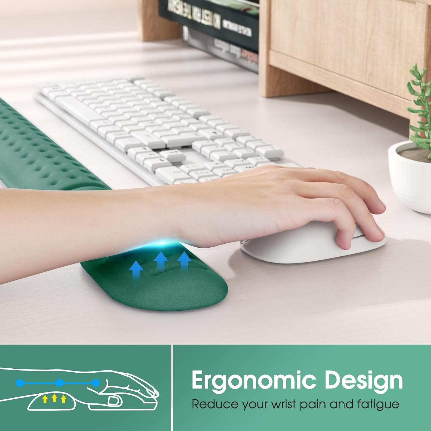 image:imageKTRIO Memory Foam Keyboard Wrist Rest Set Ergonomic Keyboard Mouse Wrist Support for Typing Pain Relief Stain Resistant 2 Pcs Pad Forest Green