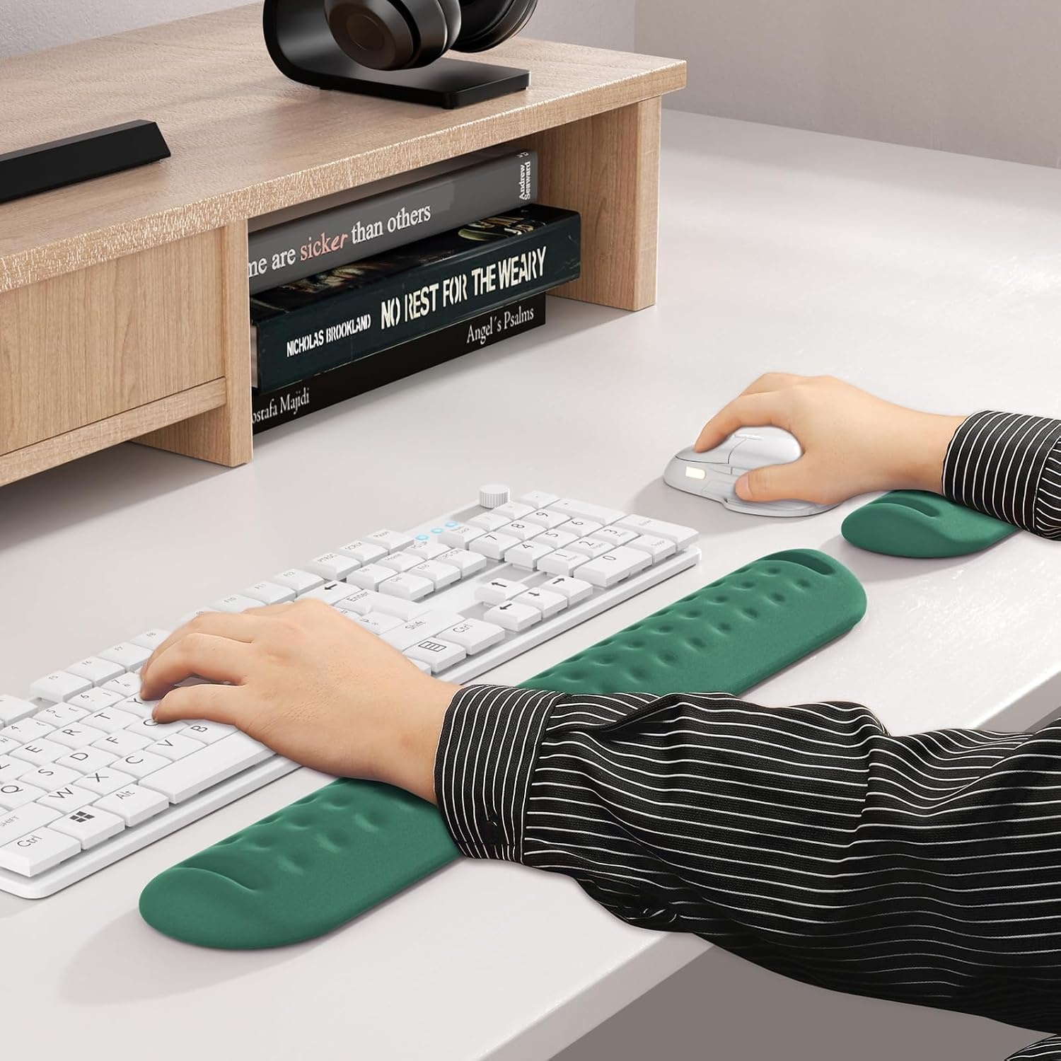 image:imageKTRIO Memory Foam Keyboard Wrist Rest Set Ergonomic Keyboard Mouse Wrist Support for Typing Pain Relief Stain Resistant 2 Pcs Pad Forest Green