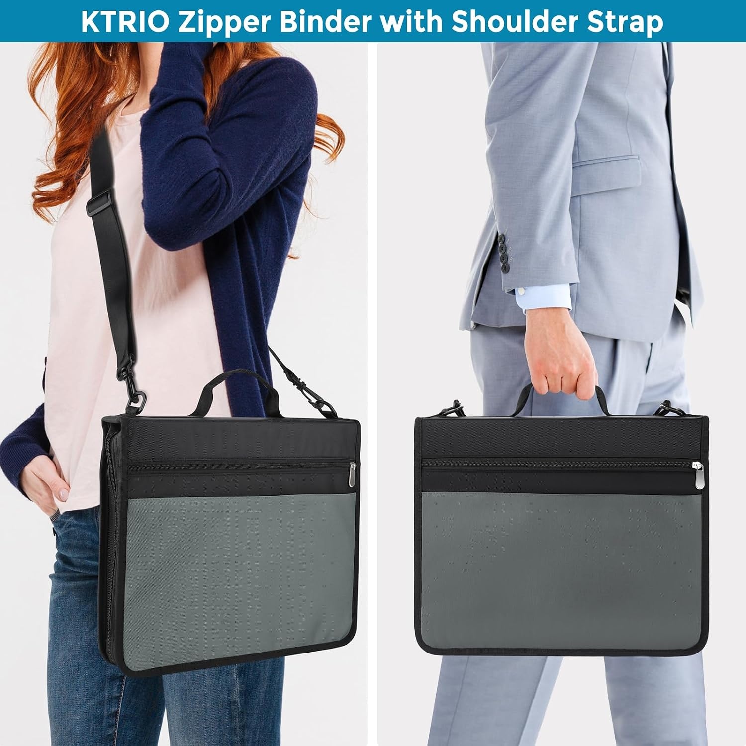 image:imageKTRIO Zipper BinderZipper File Organizer 3 Ring with Handle and Shoulder Strap 300 Sheet Capacity 12 Tabs Binder with Zipper MultiPocket Organizer for School StudentsBlack and Grey
