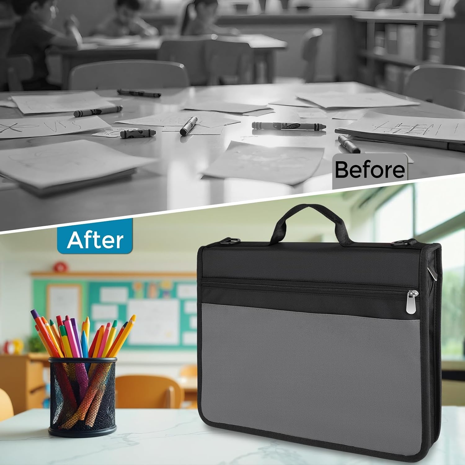 image:imageKTRIO Zipper BinderZipper File Organizer 3 Ring with Handle and Shoulder Strap 300 Sheet Capacity 12 Tabs Binder with Zipper MultiPocket Organizer for School StudentsBlack and Grey
