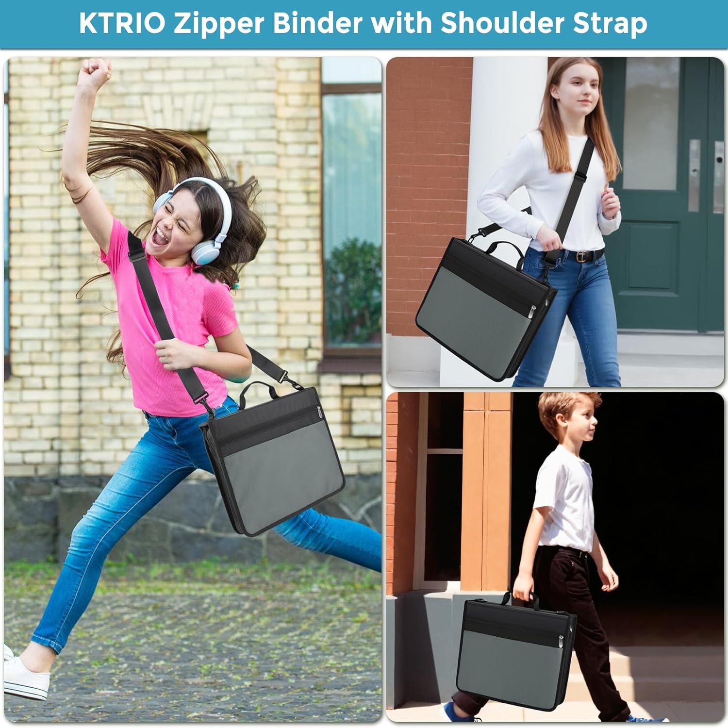 image:imageKTRIO Zipper BinderZipper File Organizer 3 Ring with Handle and Shoulder Strap 300 Sheet Capacity 12 Tabs Binder with Zipper MultiPocket Organizer for School StudentsBlack and Grey