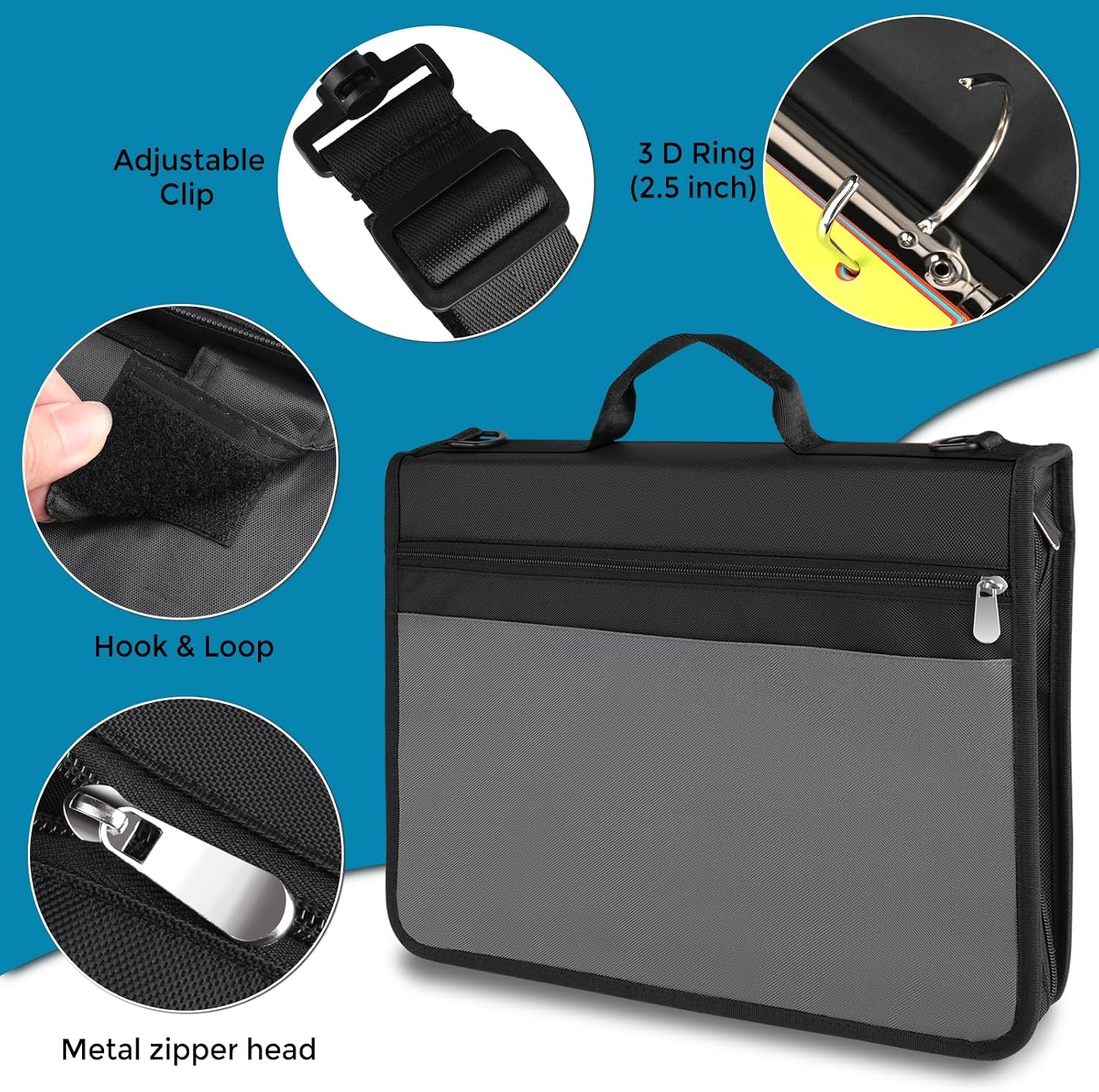 image:imageKTRIO Zipper BinderZipper File Organizer 3 Ring with Handle and Shoulder Strap 300 Sheet Capacity 12 Tabs Binder with Zipper MultiPocket Organizer for School StudentsBlack and Grey