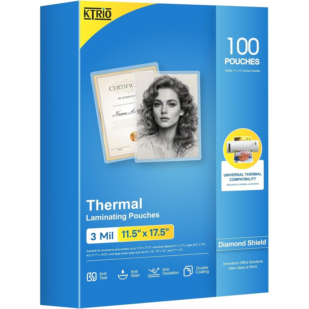 image:imageKTRIO 25 Pack Laminating Sheets 5 Mil Laminating Pouches for 11x17 Paper Actual 115 x 175 Thermal Laminate Sheets for Laminator Large Clear Lamination Paper for Documents Office School Home100 Pack