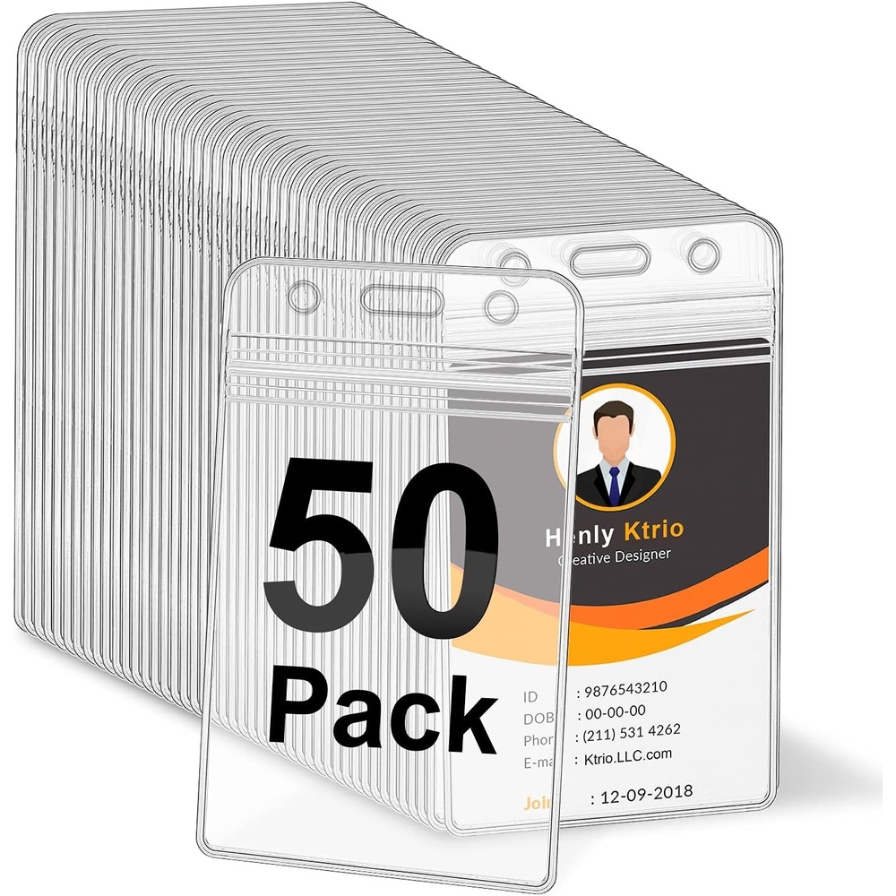 image:imageKTRIO 50 Pack Clear Vertical ID Badge Holder with Resealable Zip Fits Standard Cards Durable PVC Material Clear Visibility Easy Daily Use50