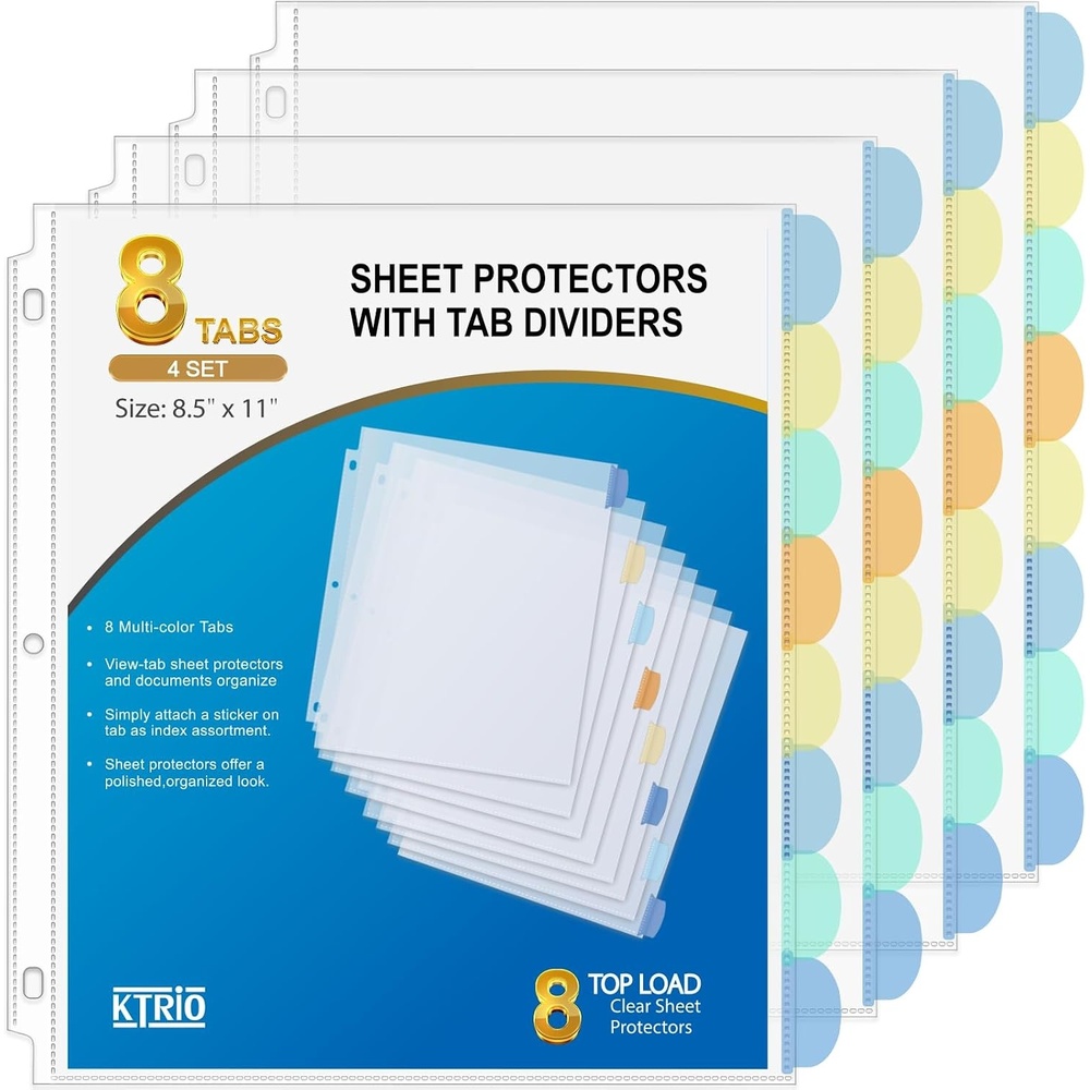 image:imageKTRIO Binder Dividers with 8 Tabs Sheet Protectors for 3 Ring Binder 4 Sets Clear Plastic Page Protector 85 x 11 inch Insertable Index Divider Organizer Multicolor Tabs