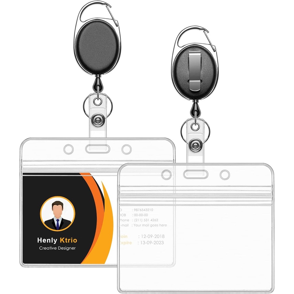 image:imageKTRIO ID Badge Holder with Retractable Reel Horizontal 2 Pack Fits 37x34 Cards Clear Horizontal Holder 24 Retractable Badge Reel Metal Clip amp Key Ring 2Pack Set2 Pcs Horizontal