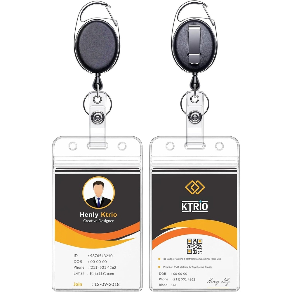 image:imageKTRIO ID Badge Holder with Retractable Reel Horizontal 2 Pack Fits 37x34 Cards Clear Horizontal Holder 24 Retractable Badge Reel Metal Clip amp Key Ring 2Pack Set2 Pcs Vertical