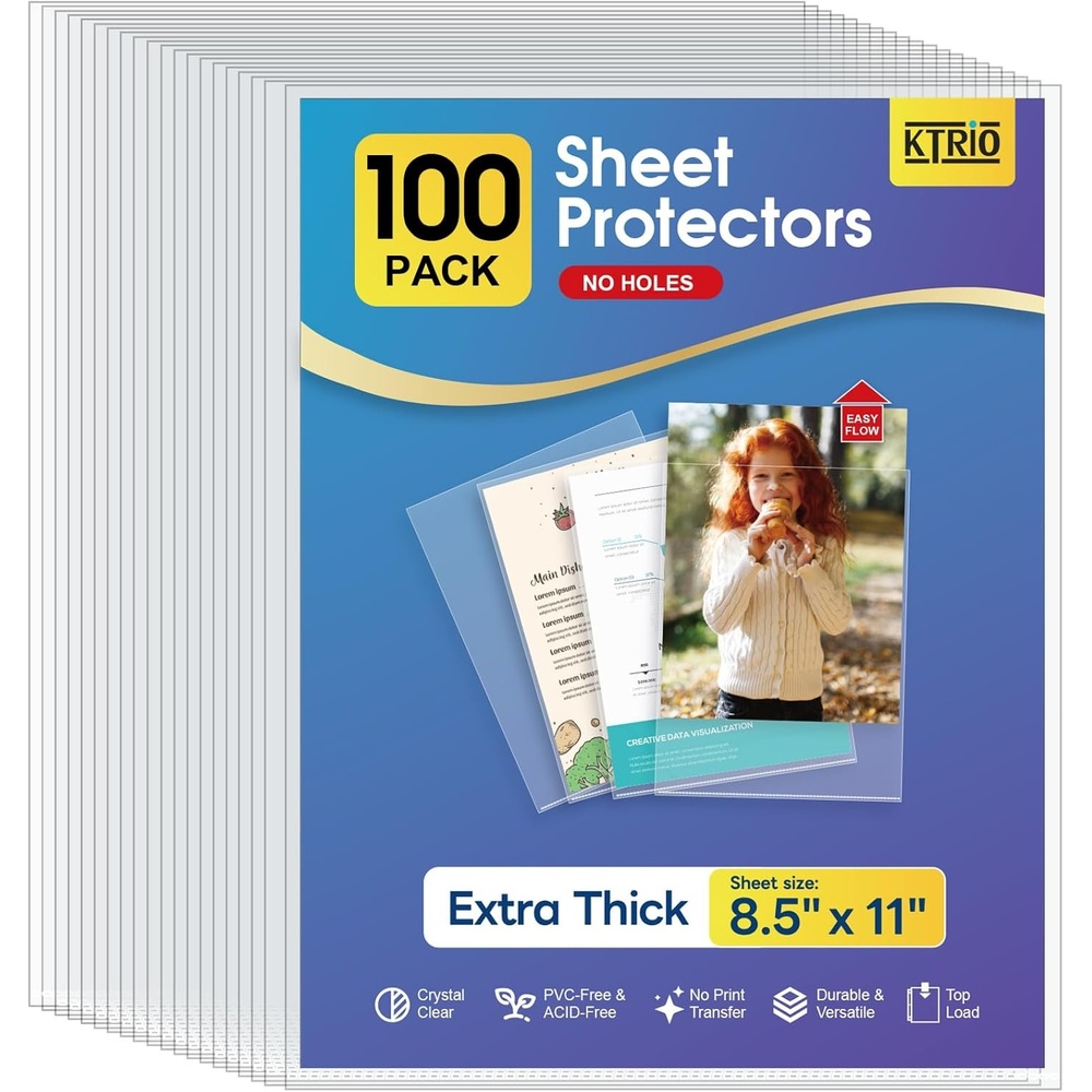 image:imageKTRIO No Holes Sheet Protectors 85 x 11 50 Pack Heavy Duty Paper Sleeves NonPunched Page Protectors AcidFree Extra Thick Plastic Sleeves Letter Size Top Loading for Documents and Filing100