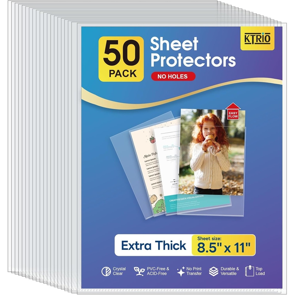 image:imageKTRIO No Holes Sheet Protectors 85 x 11 50 Pack Heavy Duty Paper Sleeves NonPunched Page Protectors AcidFree Extra Thick Plastic Sleeves Letter Size Top Loading for Documents and Filing50