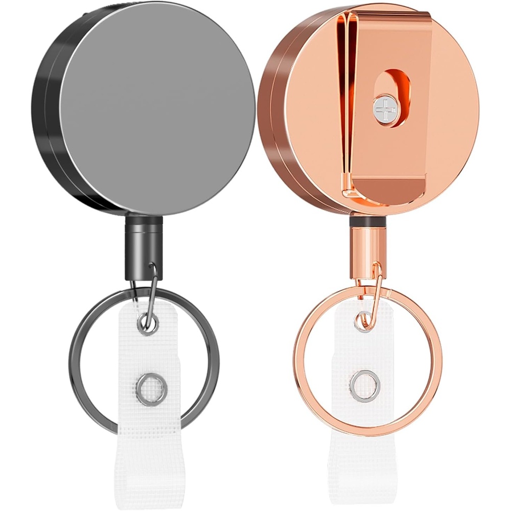 image:imageKTRIO Retractable Badge Reel with Metal Clip Small 2 Pack Strong Metal Build for LongTerm Use Smooth Retractable Cord for Easy Access Secure Clip for Daily WearBlack Rose Gold