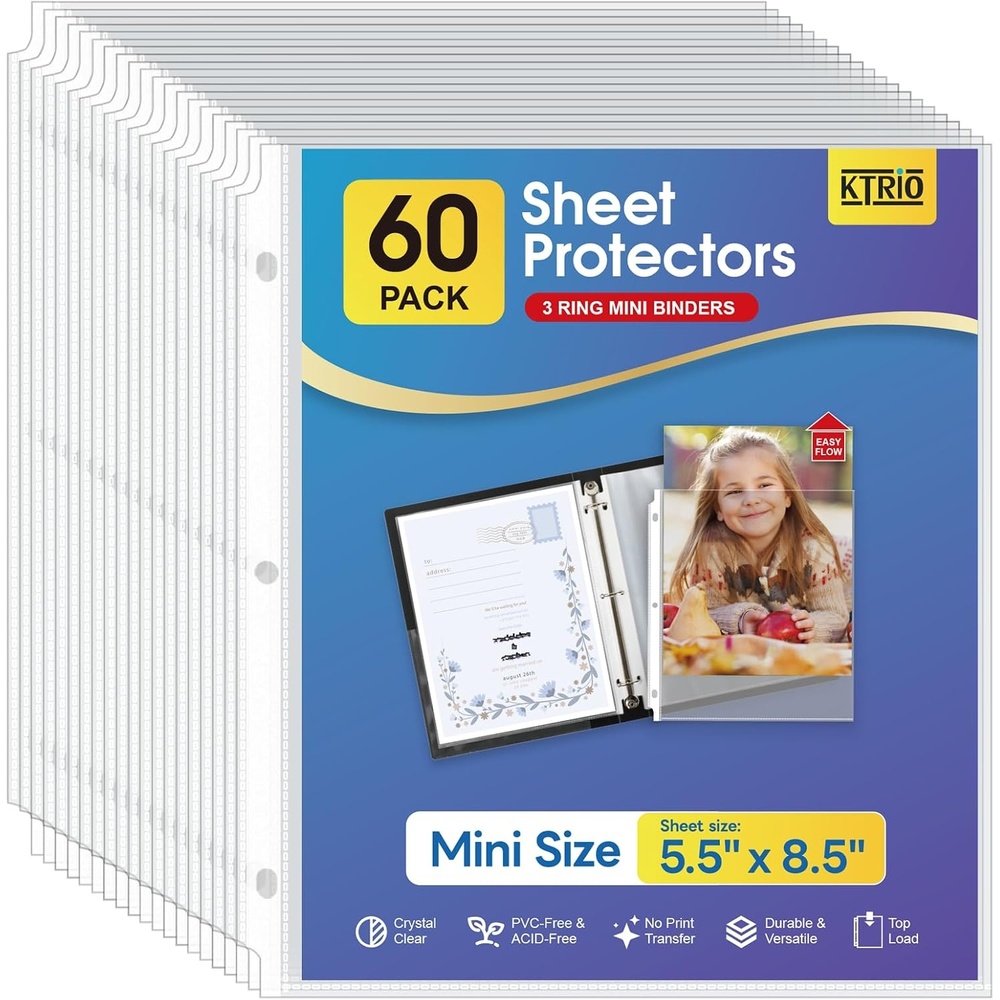 image:imageKTRIO Sheet Protectors 55 x 85 for Mini Binder 60 Pack Heavyweight Clear Half Letter Page Protectors HeavyDuty AcidFree Paper Sleeves 3Hole Punched Top Loading for Office School Home60