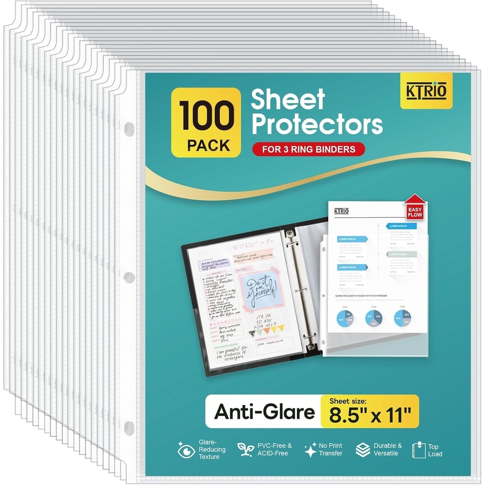 image:imageKTRIO Sheet Protectors for 3 Ring Binder 600 Pack Plastic Sleeves 85 x 11 Clear Page Protectors AcidFree Plastic Fits Letter Size Paper Documents Top Loading Business Office School Supplies100 Pack