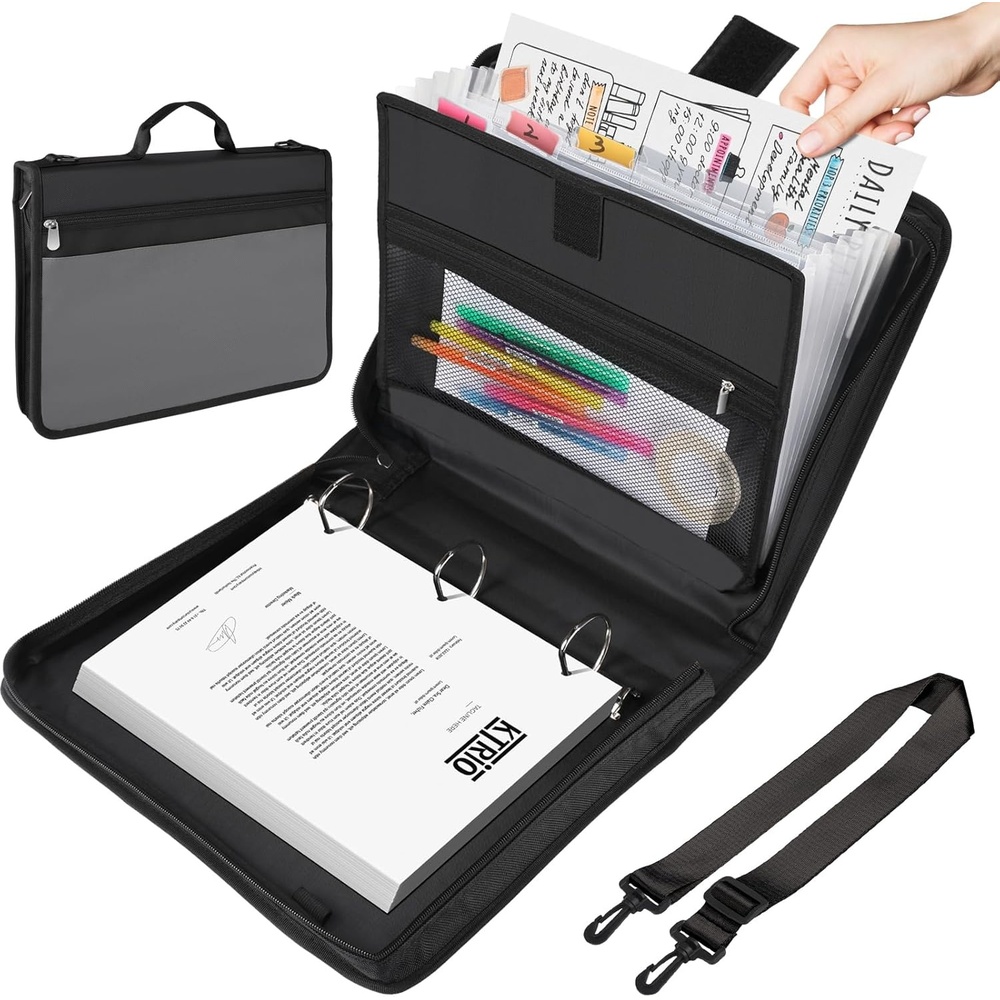 image:imageKTRIO Zipper BinderZipper File Organizer 3 Ring with Handle and Shoulder Strap 300 Sheet Capacity 12 Tabs Binder with Zipper MultiPocket Organizer for School StudentsBlack and Grey