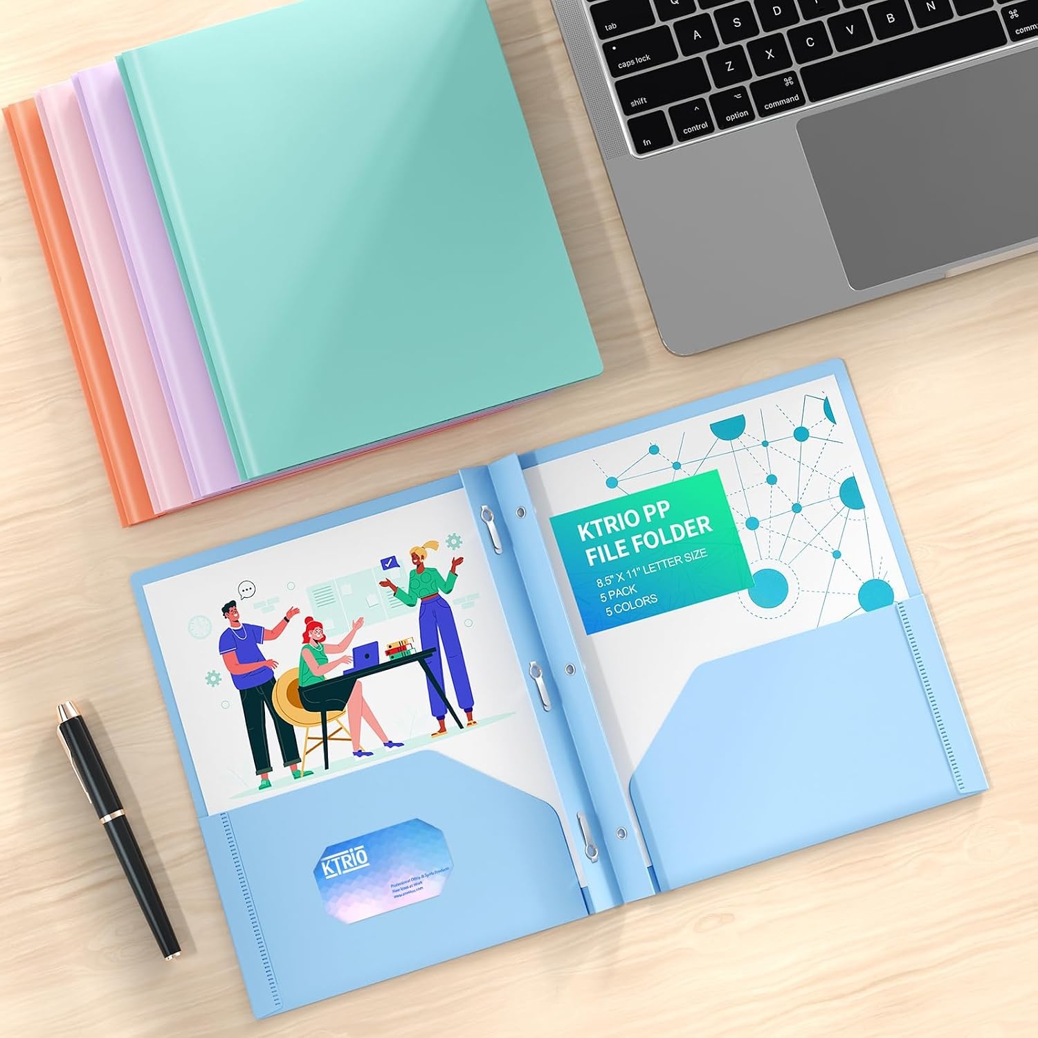 image:imageKTRIO 10 Pack Plastic Pocket Folders 3 Prong Letter Size 5 Pastel Colors 3 Prong Fasteners 2 Pocket Storage Business Card Slot WaterResistant PP School Office UsePastel Colors
