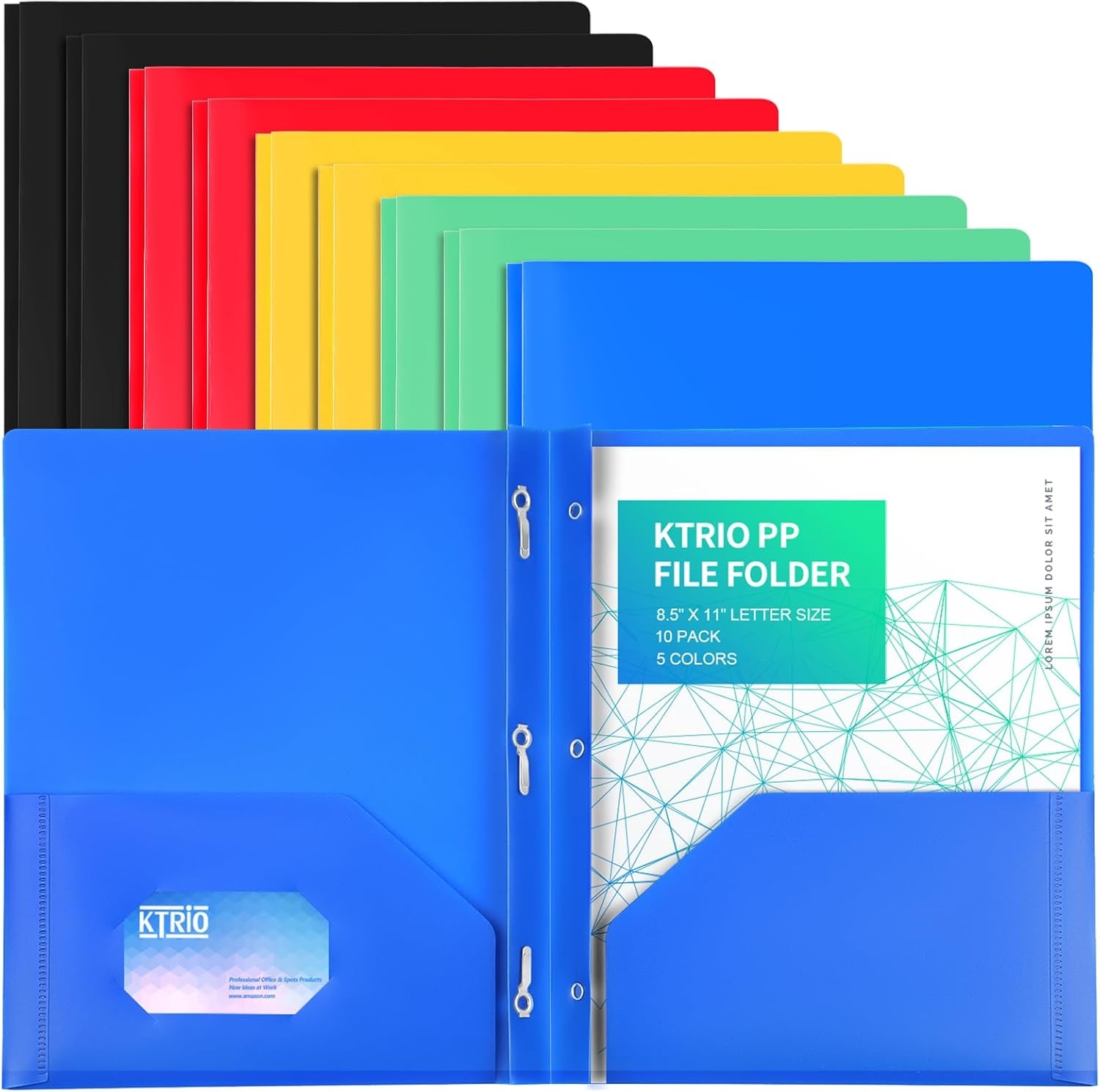 image:imageKTRIO 10 Pack Plastic Pocket Folders 3 Prong Letter Size 5 Pastel Colors 3 Prong Fasteners 2 Pocket Storage Business Card Slot WaterResistant PP School Office UseVibrant Colors