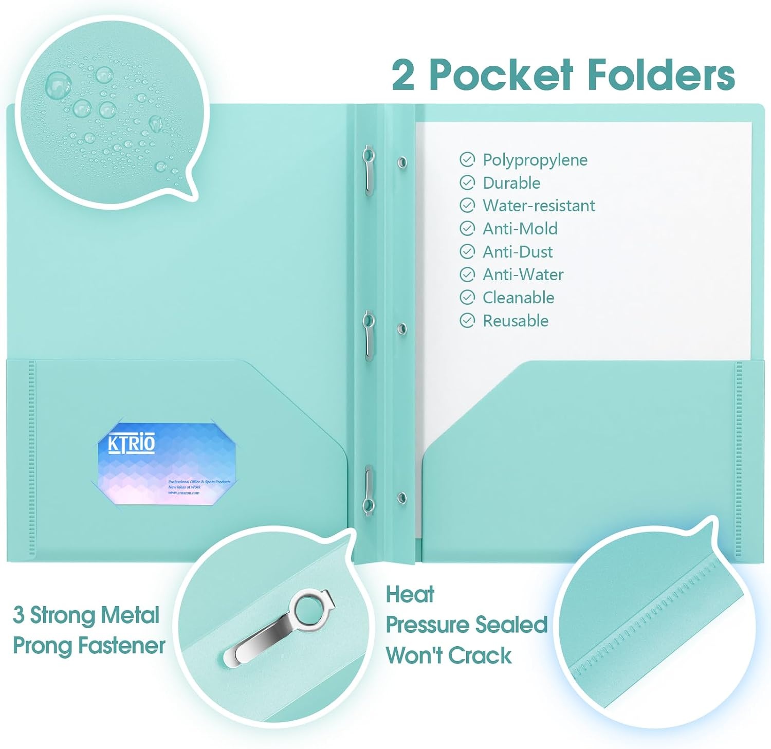 image:imageKTRIO 10 Pack Plastic Pocket Folders 3 Prong Letter Size 5 Pastel Colors 3 Prong Fasteners 2 Pocket Storage Business Card Slot WaterResistant PP School Office UsePastel Colors