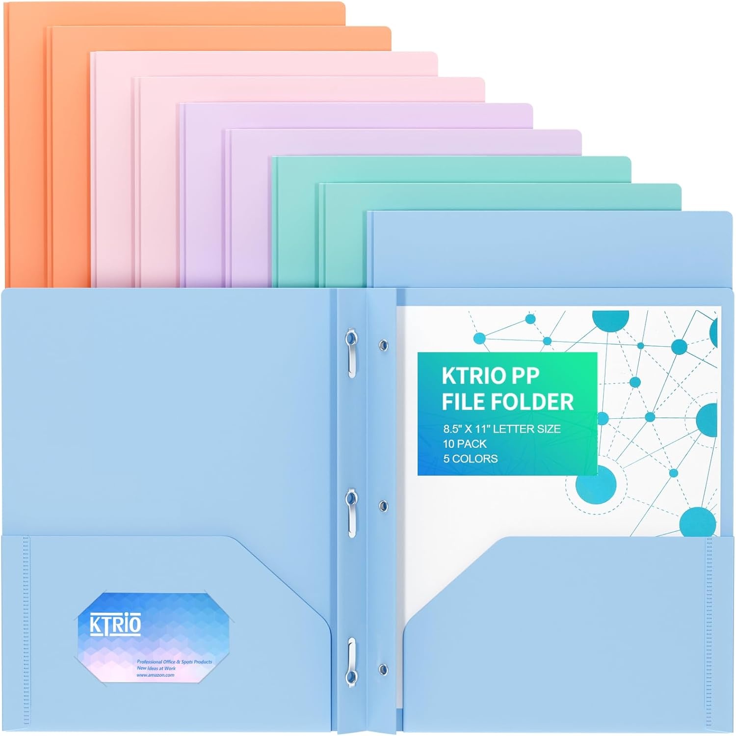 image:imageKTRIO 10 Pack Plastic Pocket Folders 3 Prong Letter Size 5 Pastel Colors 3 Prong Fasteners 2 Pocket Storage Business Card Slot WaterResistant PP School Office UsePastel Colors