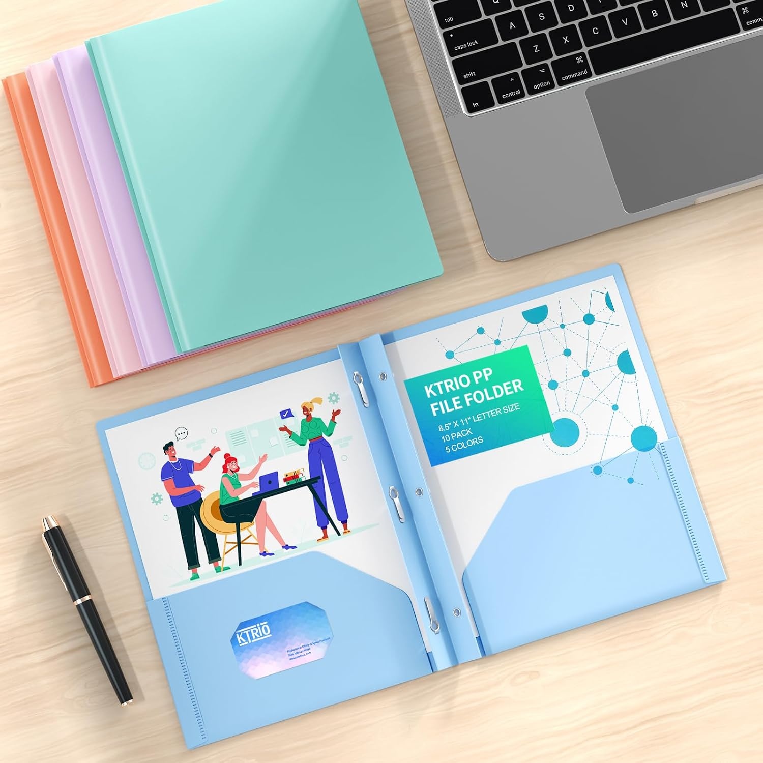 image:imageKTRIO 10 Pack Plastic Pocket Folders 3 Prong Letter Size 5 Pastel Colors 3 Prong Fasteners 2 Pocket Storage Business Card Slot WaterResistant PP School Office UsePastel Colors