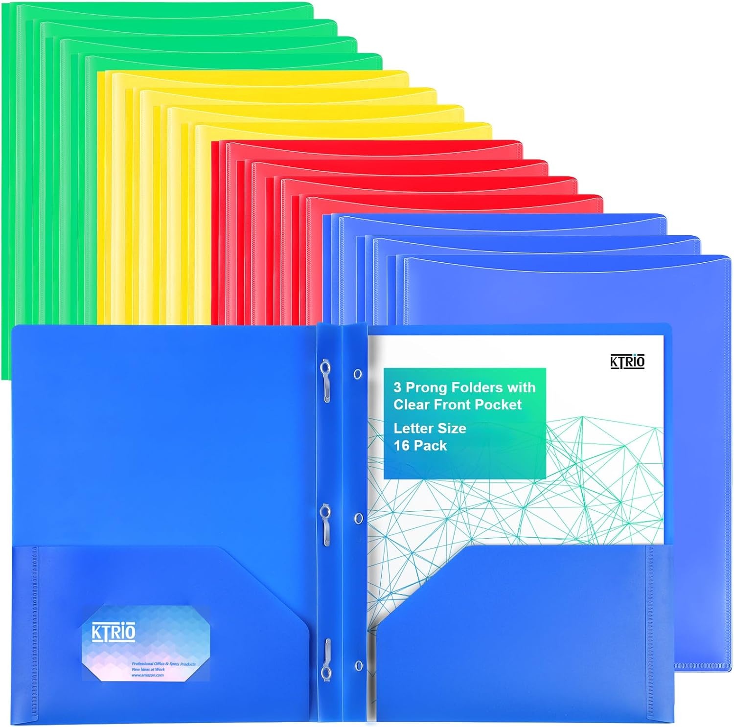 image:imageKTRIO 16 Pack 2 Pocket 3 Prong Folders Clear Front Pocket 4 Colors Letter Size Fit WaterResistant PP Business Card Slot 2 Pocket Storage School Office Use16 Pack
