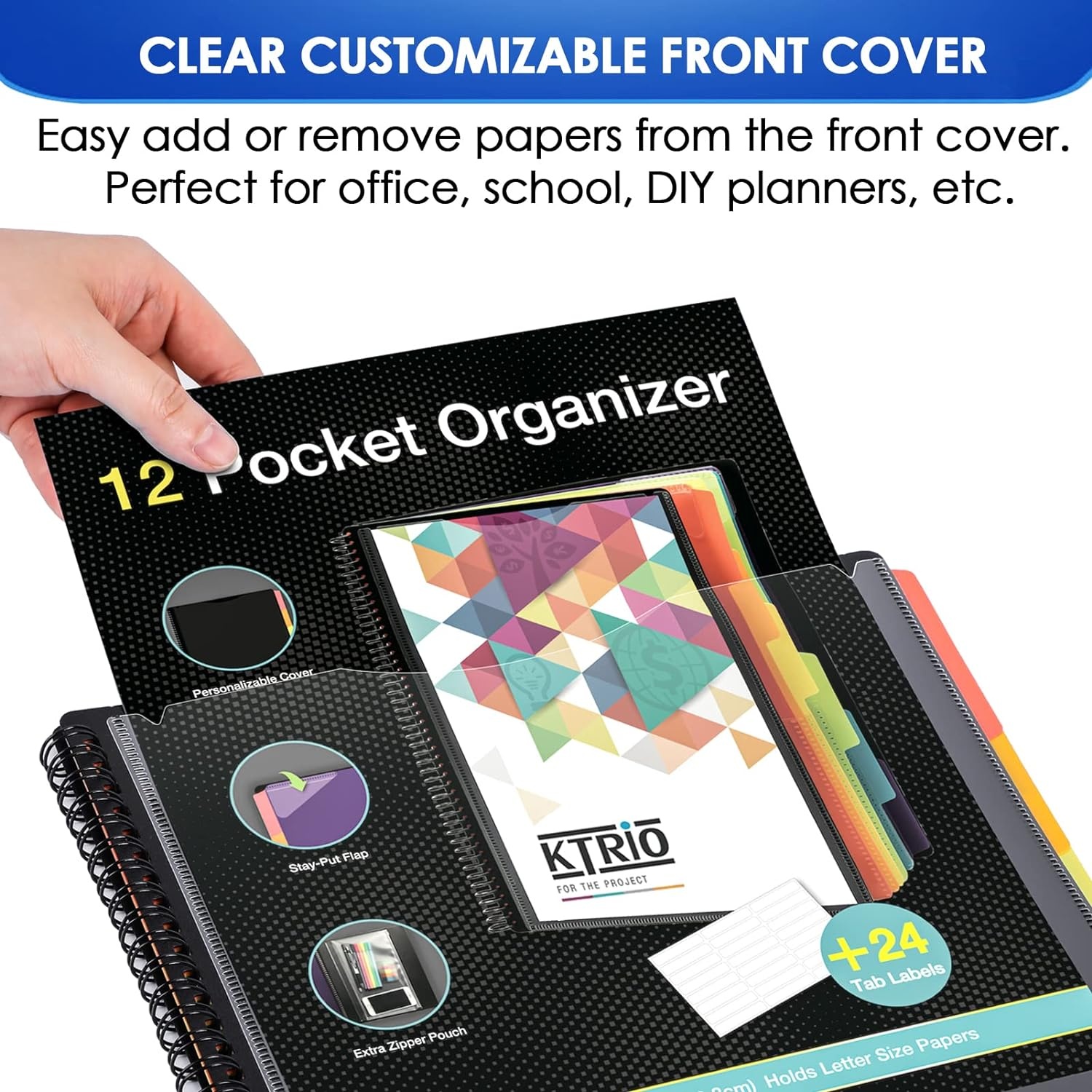 image:imageKTRIO 24 Pocket Project Organizer Letter Size Spiral Binder Black 24 Pocket Storage Letter Size Fit WaterResistant Poly Zip Pouch Included Writable Color TabsBlack