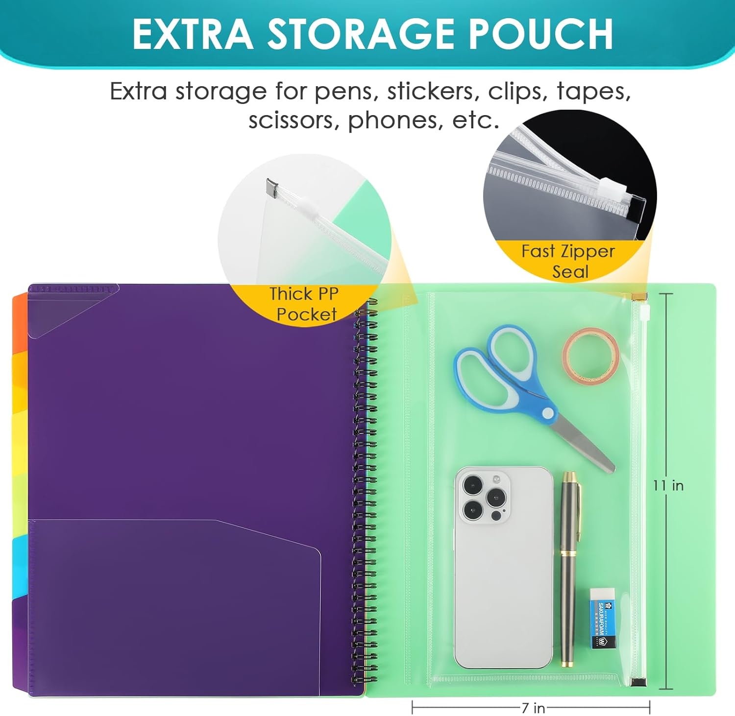 image:imageKTRIO 24 Pocket Project Organizer Letter Size Spiral Binder Black 24 Pocket Storage Letter Size Fit WaterResistant Poly Zip Pouch Included Writable Color TabsGreen