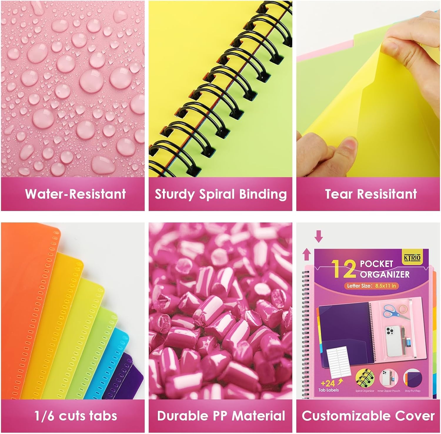 image:imageKTRIO 24 Pocket Project Organizer Letter Size Spiral Binder Black 24 Pocket Storage Letter Size Fit WaterResistant Poly Zip Pouch Included Writable Color TabsPink