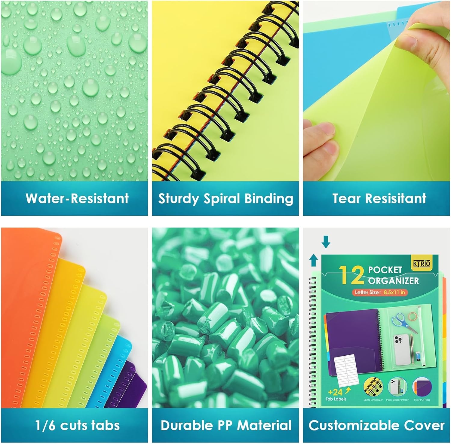 image:imageKTRIO 24 Pocket Project Organizer Letter Size Spiral Binder Black 24 Pocket Storage Letter Size Fit WaterResistant Poly Zip Pouch Included Writable Color TabsGreen