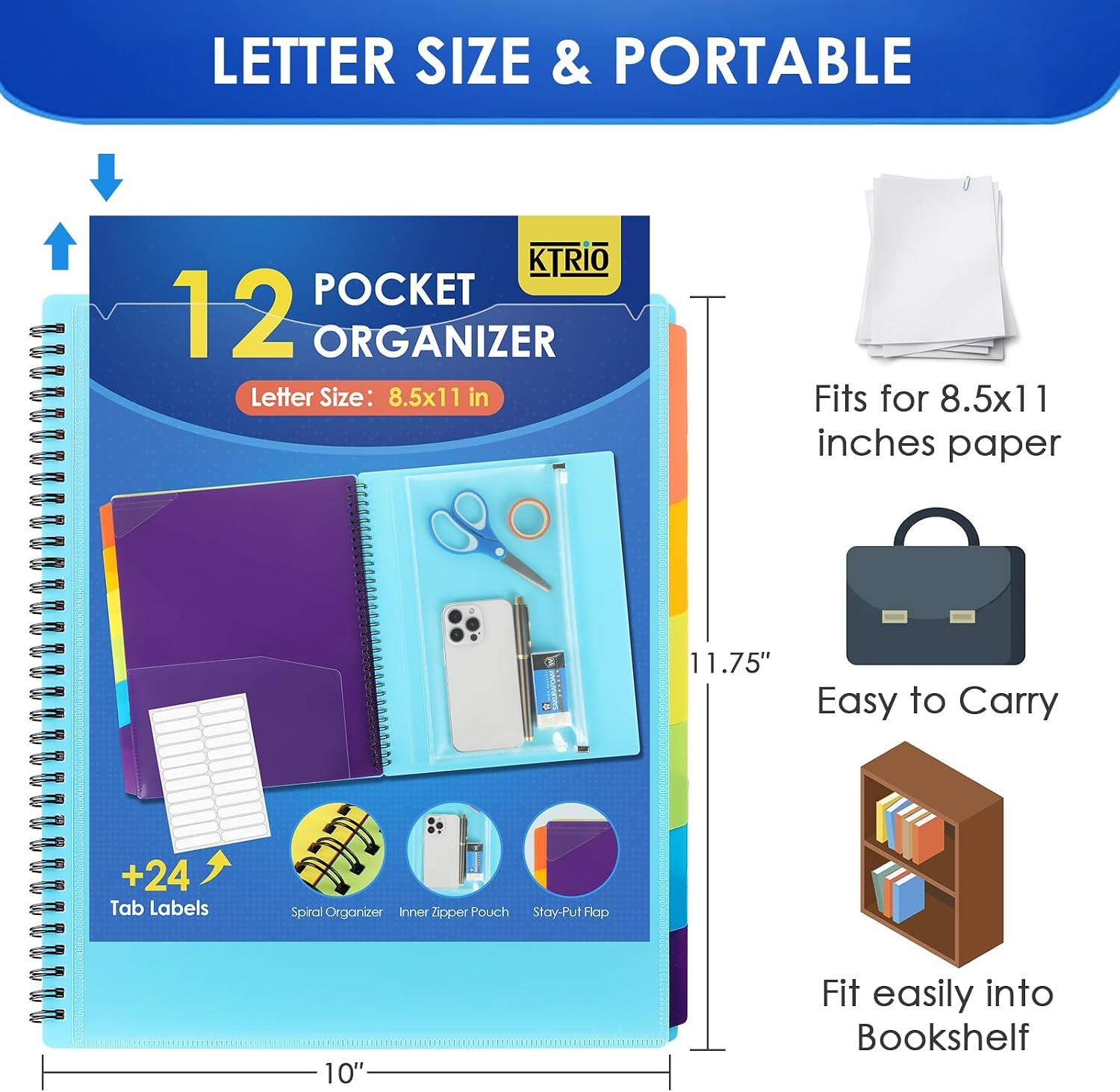 image:imageKTRIO 24 Pocket Project Organizer Letter Size Spiral Binder Black 24 Pocket Storage Letter Size Fit WaterResistant Poly Zip Pouch Included Writable Color TabsBlue