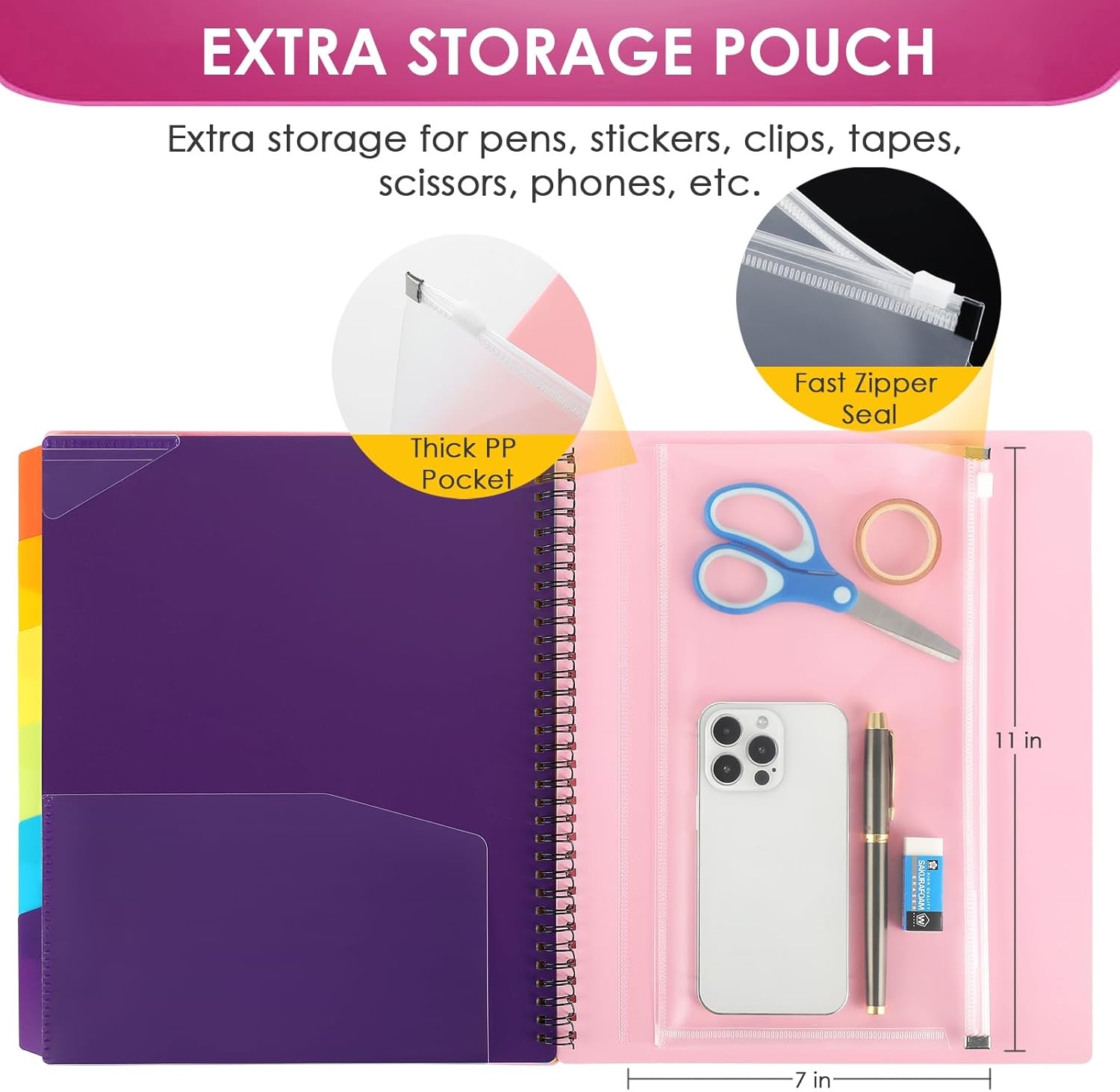 image:imageKTRIO 24 Pocket Project Organizer Letter Size Spiral Binder Black 24 Pocket Storage Letter Size Fit WaterResistant Poly Zip Pouch Included Writable Color TabsPink
