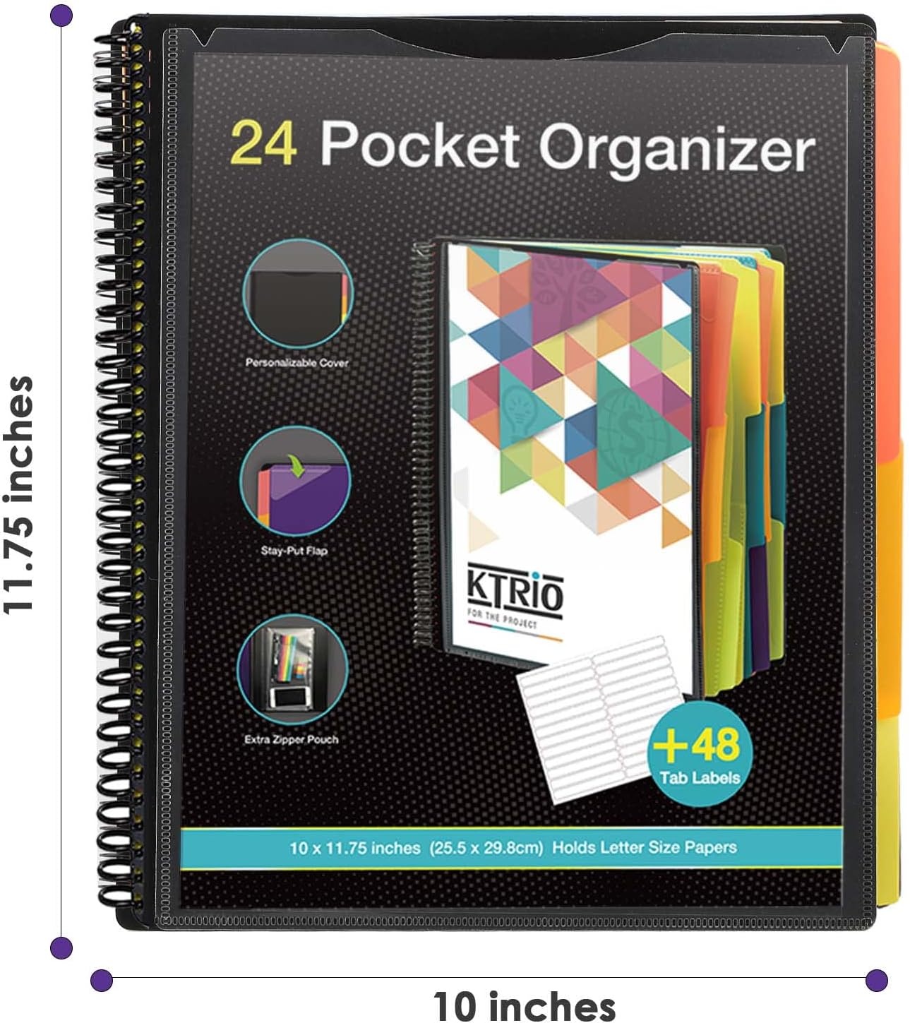 image:imageKTRIO 24 Pocket Project Organizer Letter Size Spiral Binder Black 24 Pocket Storage Letter Size Fit WaterResistant Poly Zip Pouch Included Writable Color TabsBlack